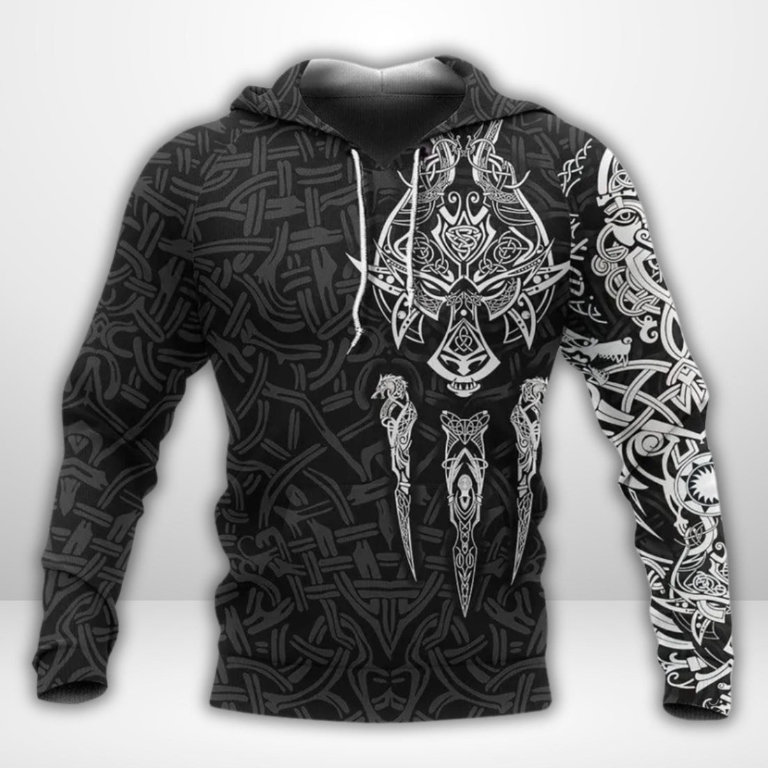 Viking Wolf Hoodie Norse Mythology Knotwork Rune Pattern Warrior Pullover