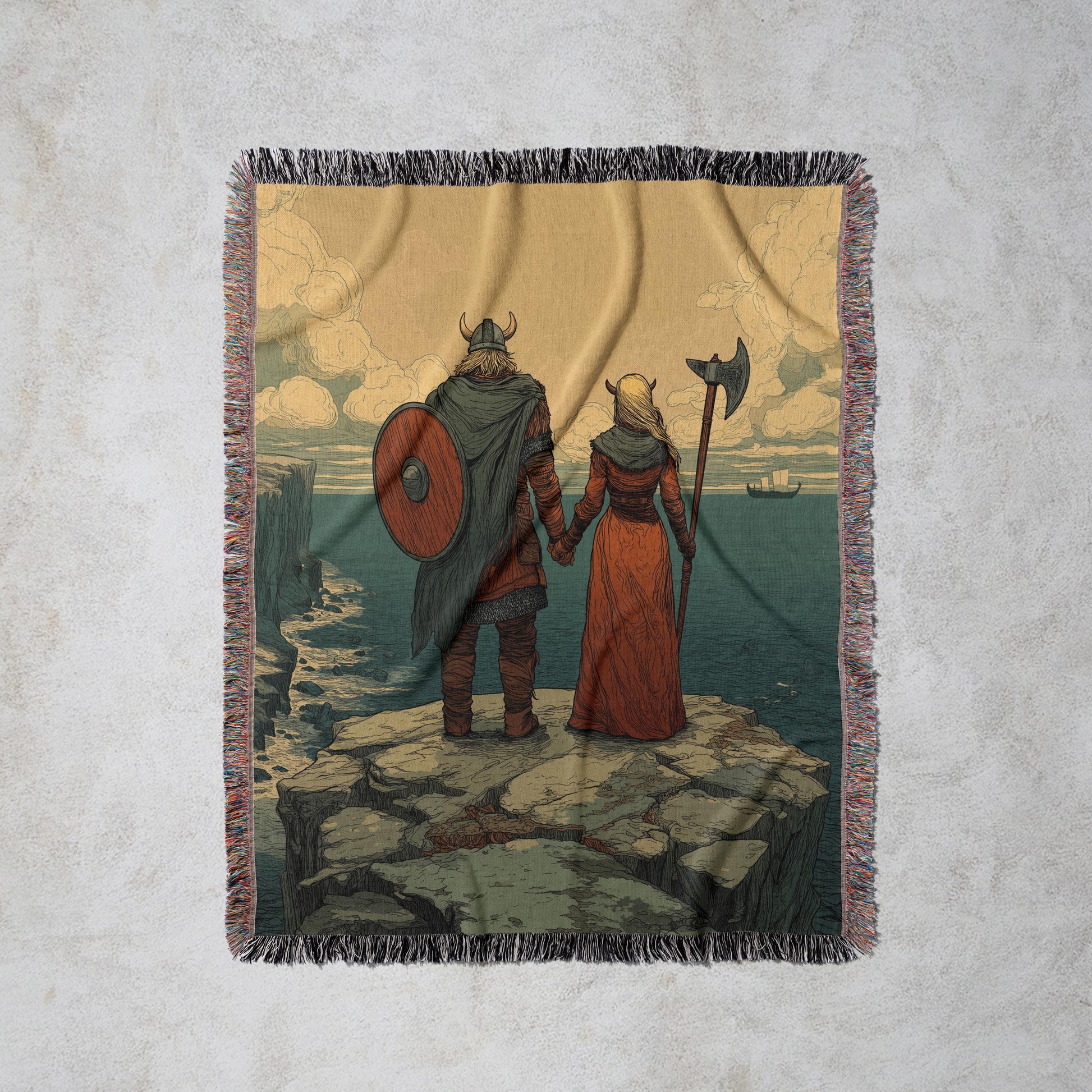 Viking Blanket - Viking Couple Woven Blanket, Norse Warrior Tapestry, Nordic Mythology Wall