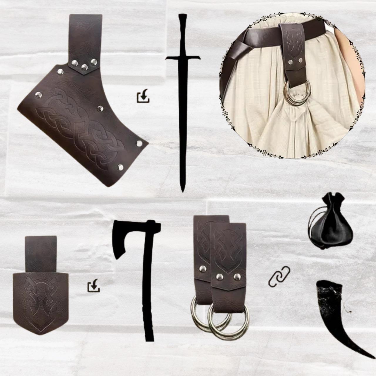 Viking Costume & LARP - Medieval Leather Belt Accessories Set, Viking Cosplay, Renaissance Faire