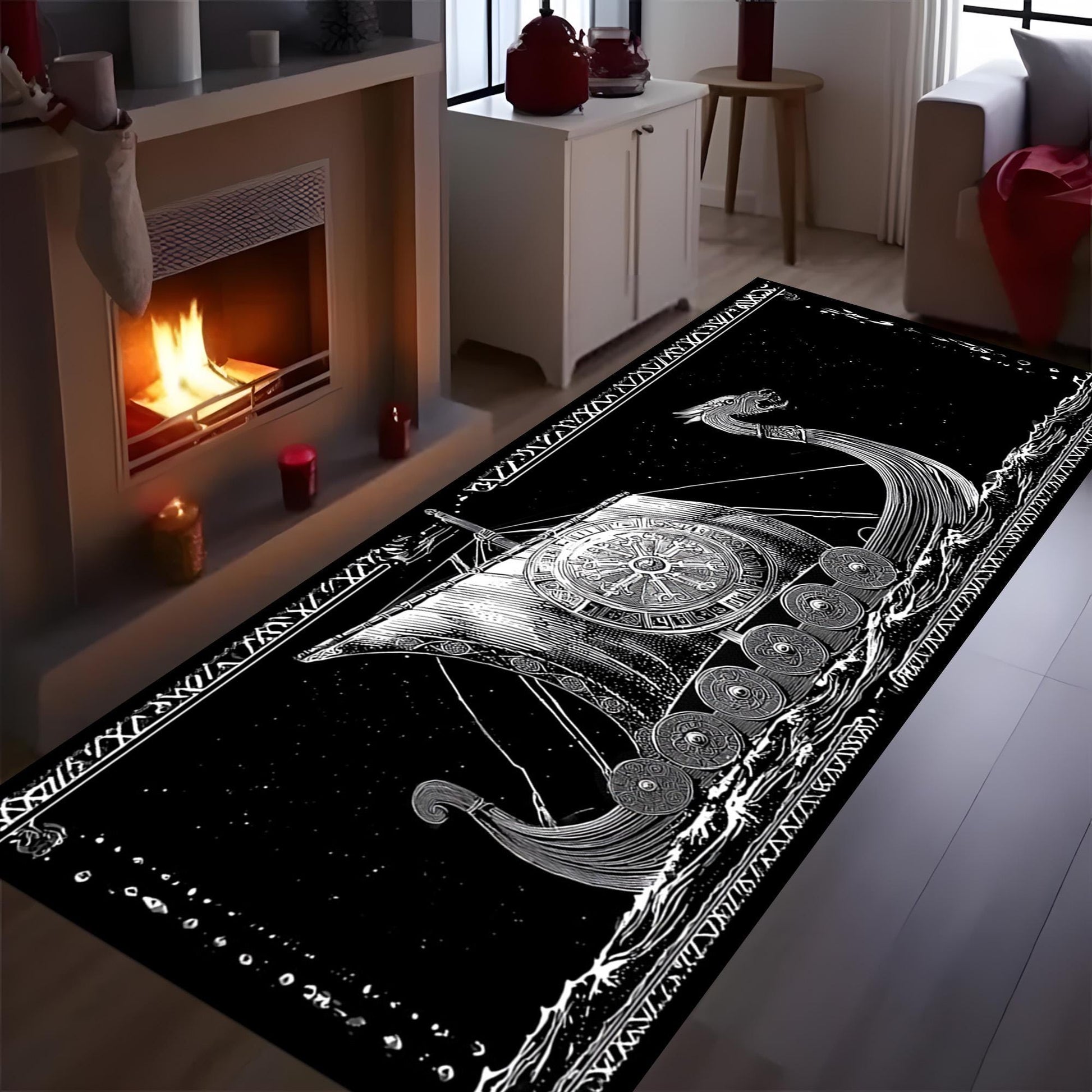Viking Longship Rug - Viking Longship Runner Rug: Norse Dragon Boat Design, Ancient Warrior Symbol