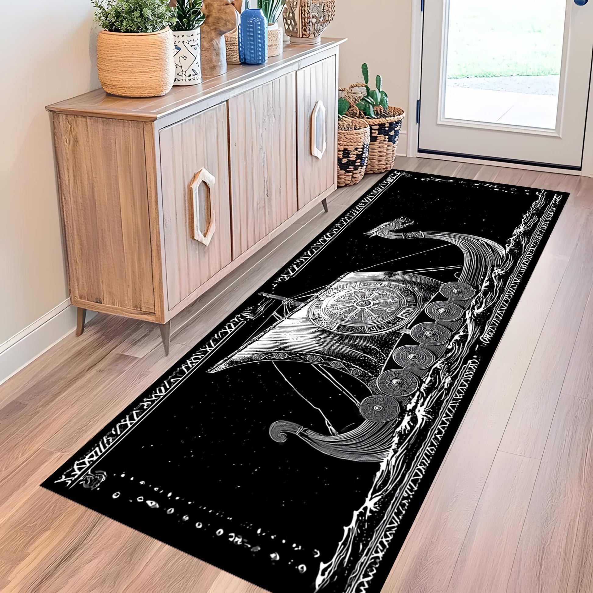 Viking Longship Rug - Viking Longship Runner Rug: Norse Dragon Boat Design, Ancient Warrior Symbol