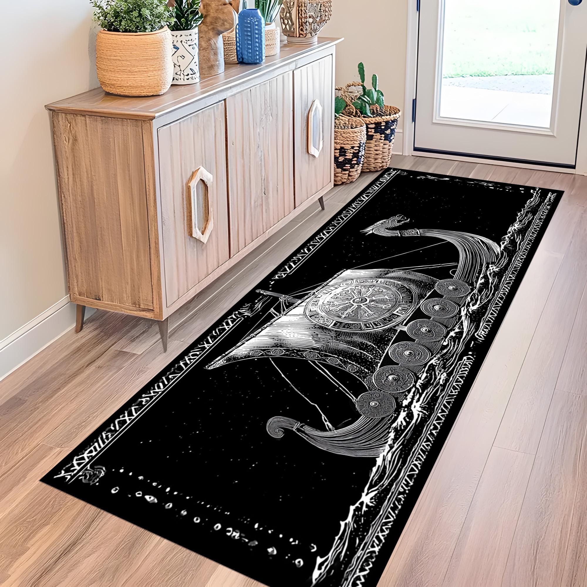Viking Longship Rug - Viking Longship Runner Rug: Norse Dragon Boat Design, Ancient Warrior Symbol