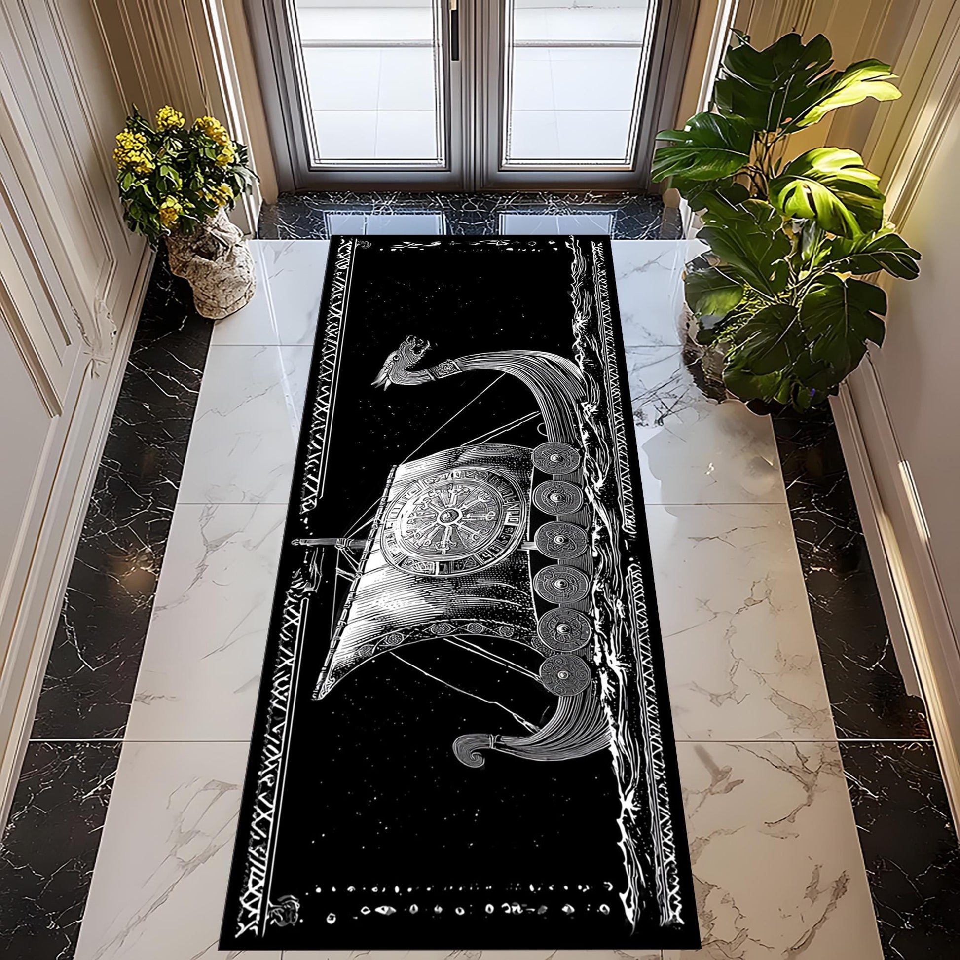 Viking Longship Rug - Viking Longship Runner Rug: Norse Dragon Boat Design, Ancient Warrior Symbol