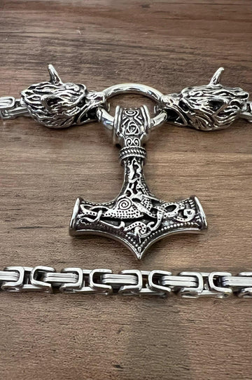 Viking Thor's Hammer Necklace - Viking Stainless Steel Hammer Pendant Necklace, Wolf Head Norse