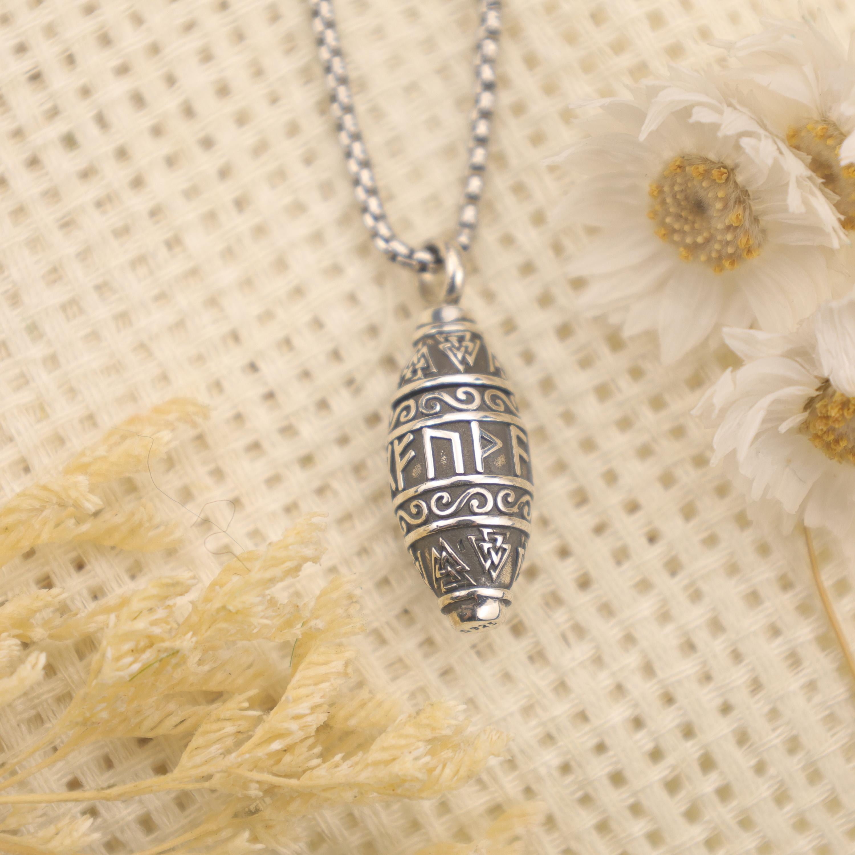 Viking Rune Necklace - Viking Rune Urn Necklace – Norse Symbol Cremation Jewelry for Ashes – 925