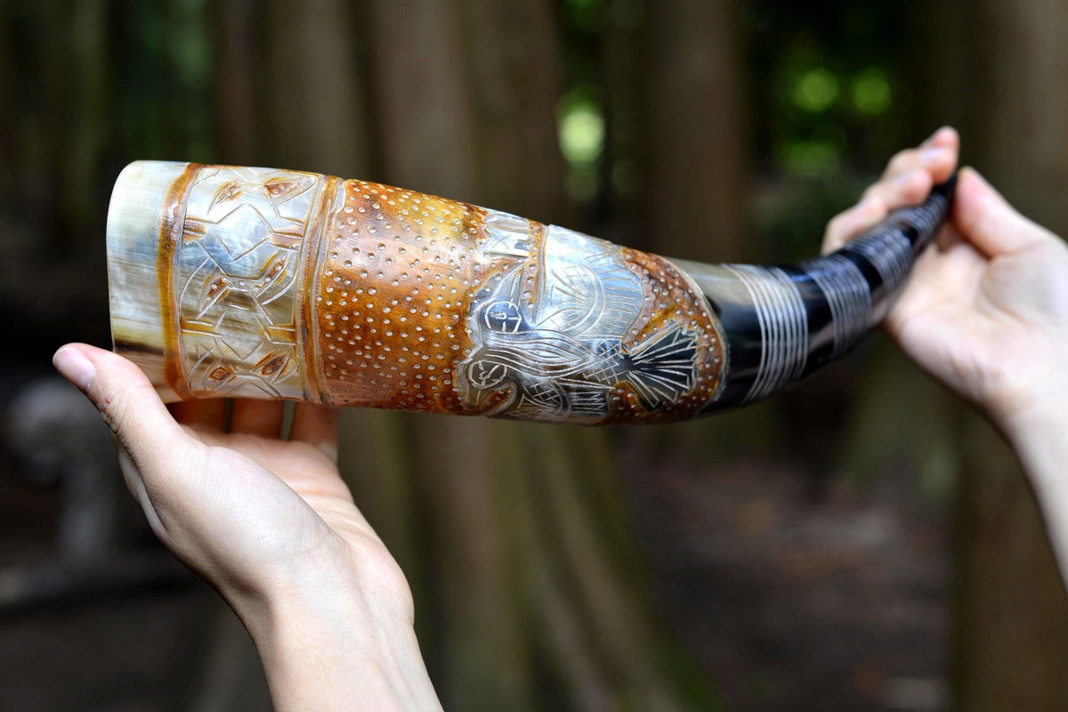 Viking Longship Home Decor - Viking Valor" Carved Longship Horn Vessel (12-18 Inch) with Burnt Wood