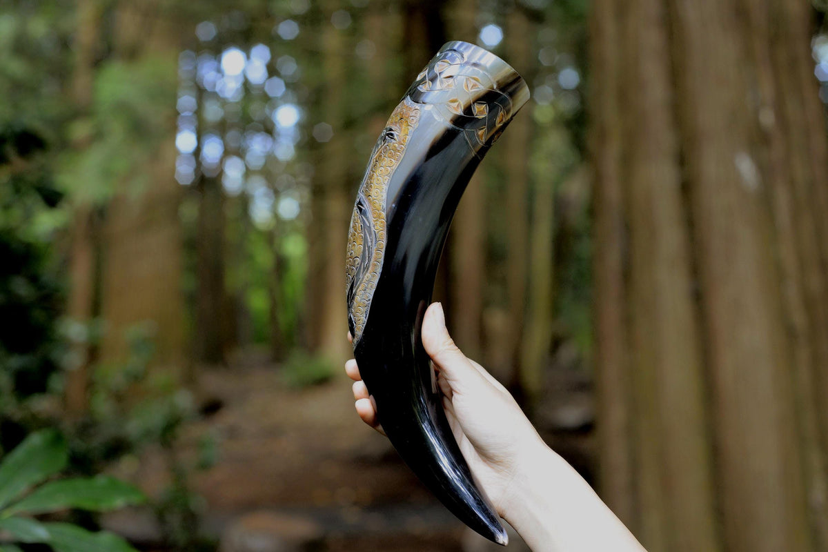 Viking Raven Mug - Raven’s Oath – Hand-Carved Viking Drinking Horn