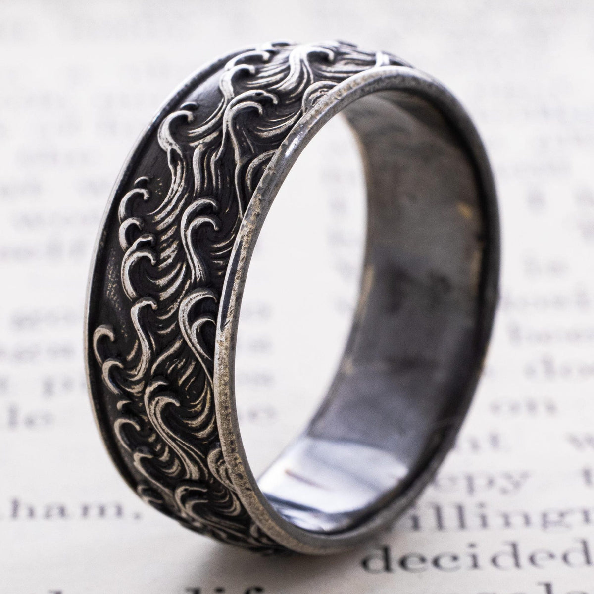 Viking Longship Ring, Oxidized Sterling Silver Band, Ocean Wave Jewelry