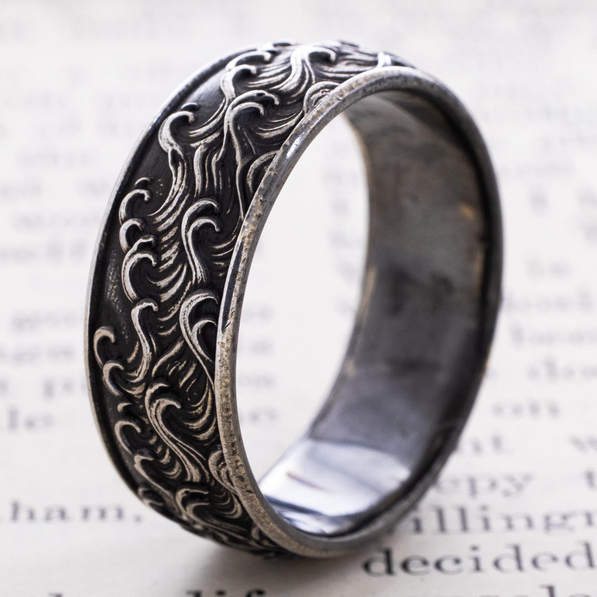 Viking Longship Ring, Oxidized Sterling Silver Band, Ocean Wave Jewelry