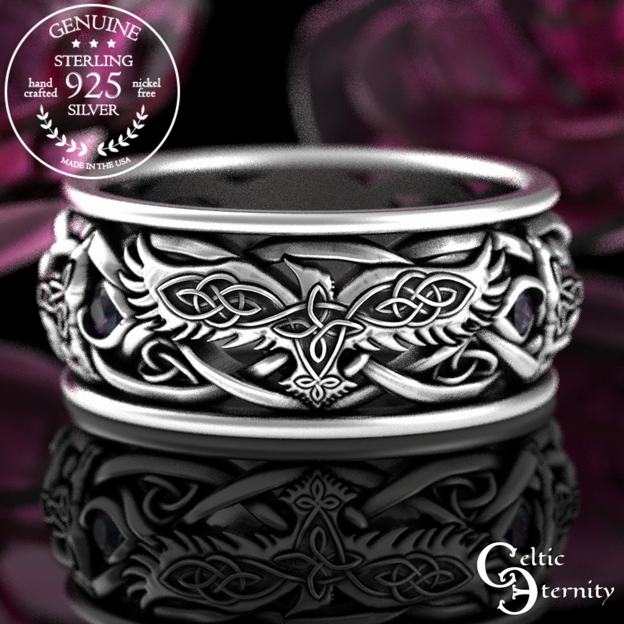 Viking Raven Ring - Raven Celtic Knot Ring, Viking Raven Band, Oxidized Silver Ring, Norse Celtic