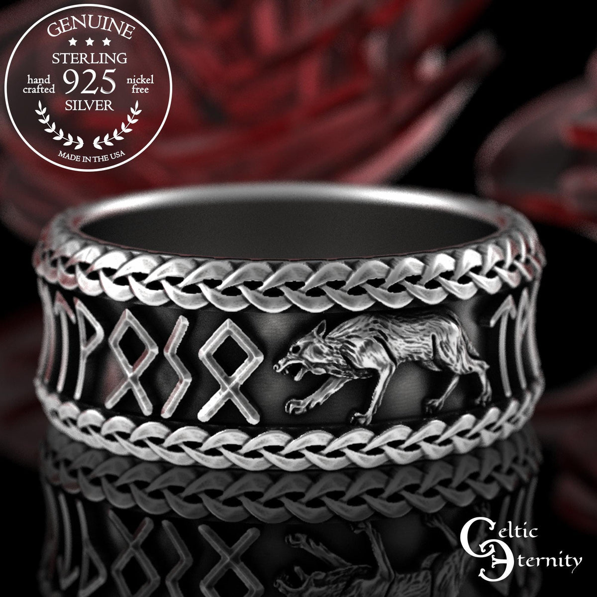 Viking Odin Ring - Sterling Viking Wolf with Runes Ring, Mens Wide Norse Wedding Ring, Braided Odin