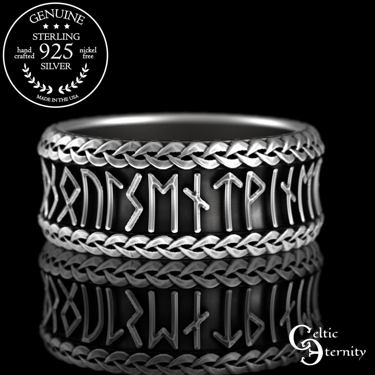 Viking Odin Ring - Sterling Viking Wolf with Runes Ring, Mens Wide Norse Wedding Ring, Braided Odin