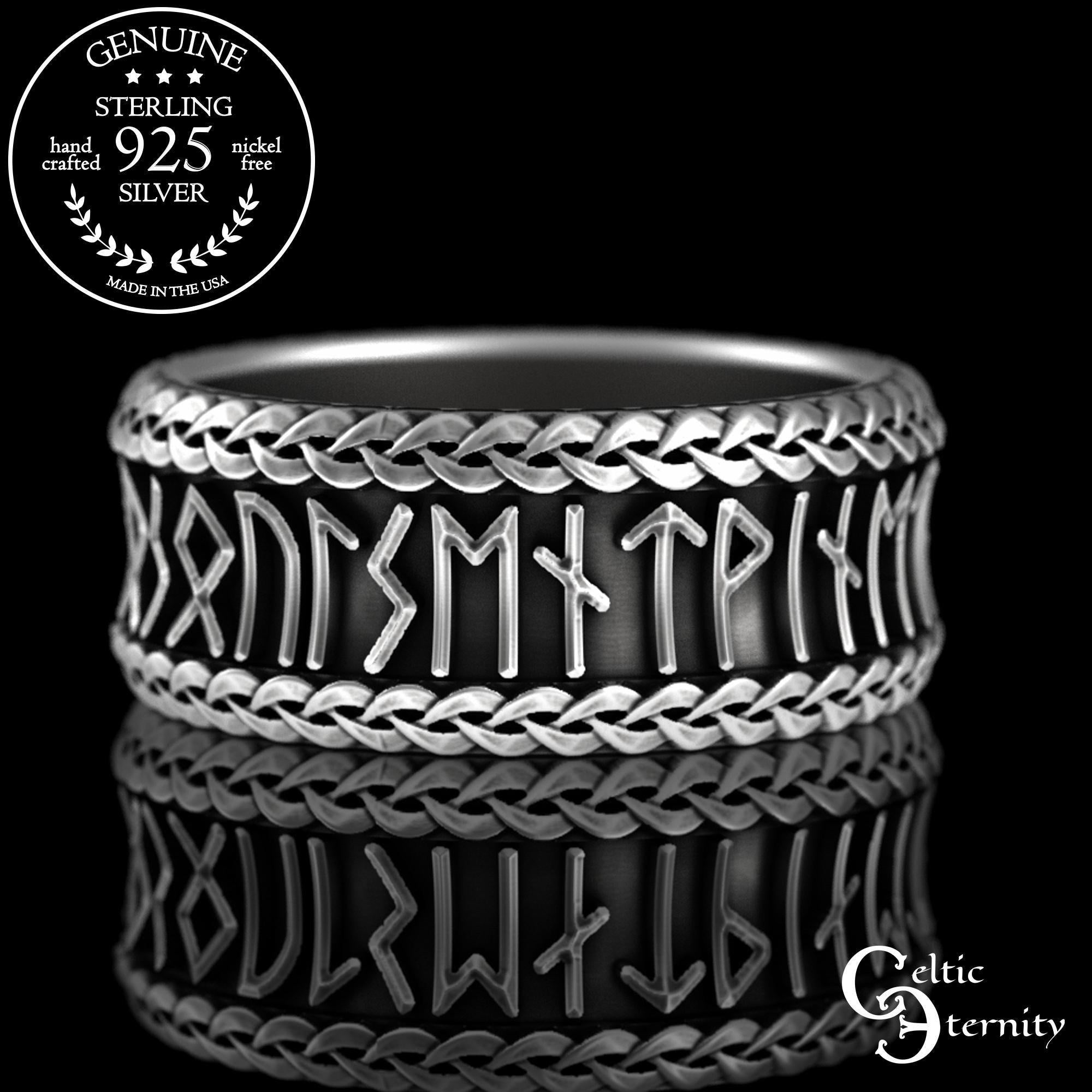 Viking Odin Ring - Sterling Viking Wolf with Runes Ring, Mens Wide Norse Wedding Ring, Braided Odin