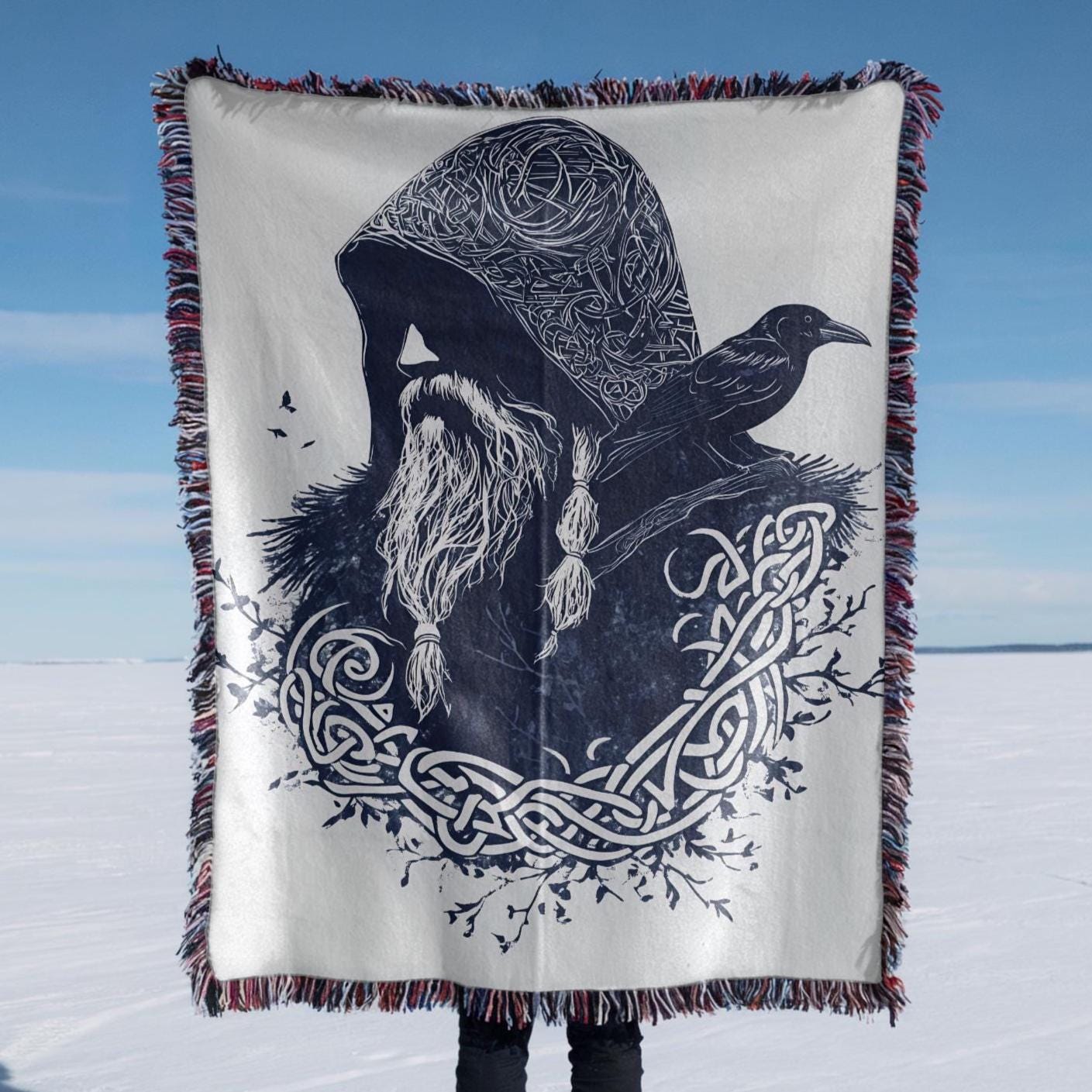 Viking Odin Blanket - Dark Fantasy Odin Woven Blanket, Norse God Viking Wall Art, Gothic Man Cave