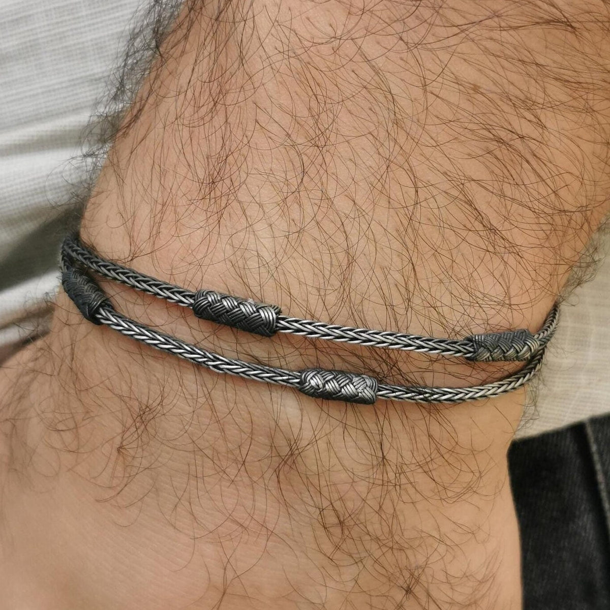Viking Bracelet - Mens Leather Cuff Bracelet, Celtic Engraved Sterling Silver Braided Viking Norse
