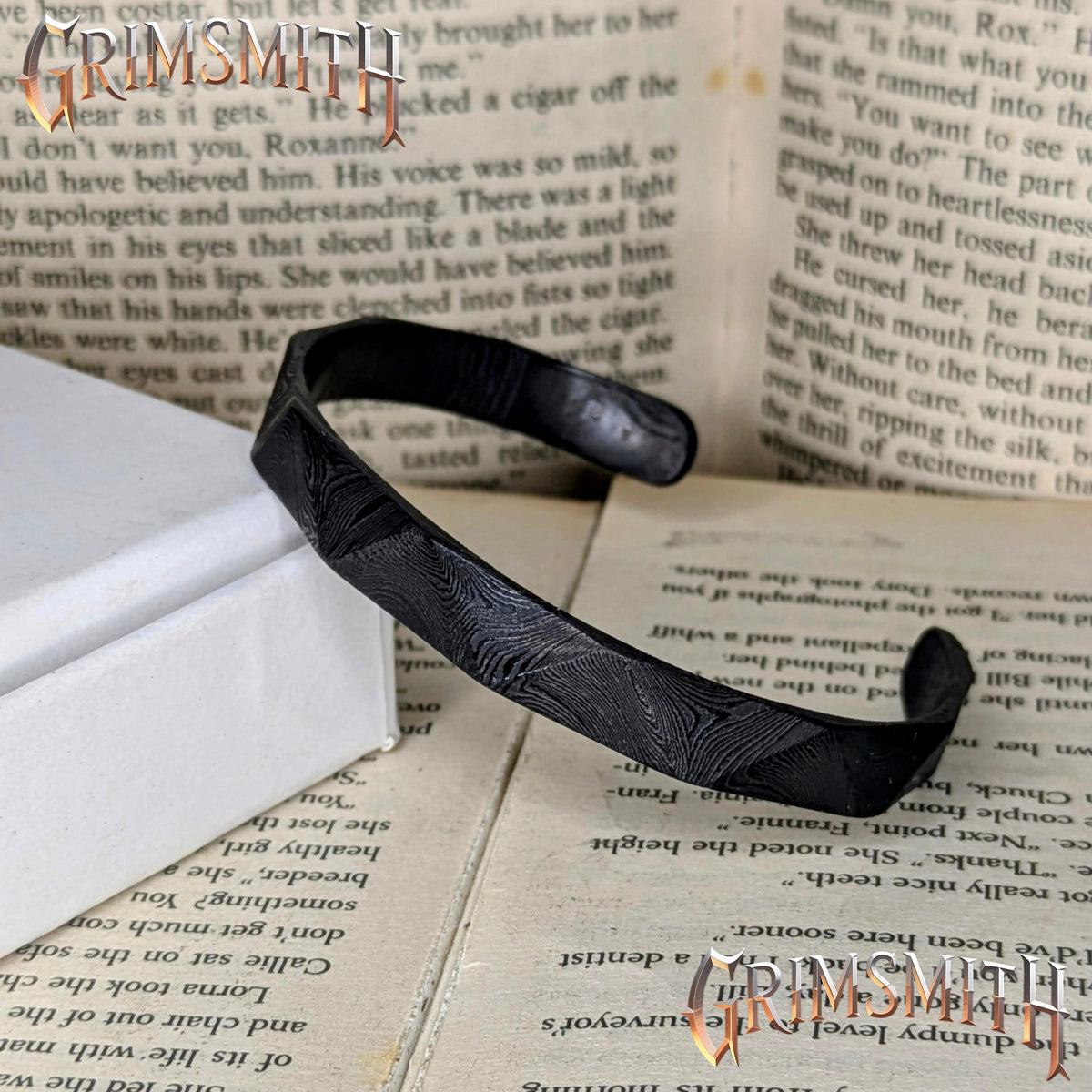 Viking Raven Bracelet - The Black Raven – Viking Damascus Steel Cuff Bracelet, 6mm Hammered