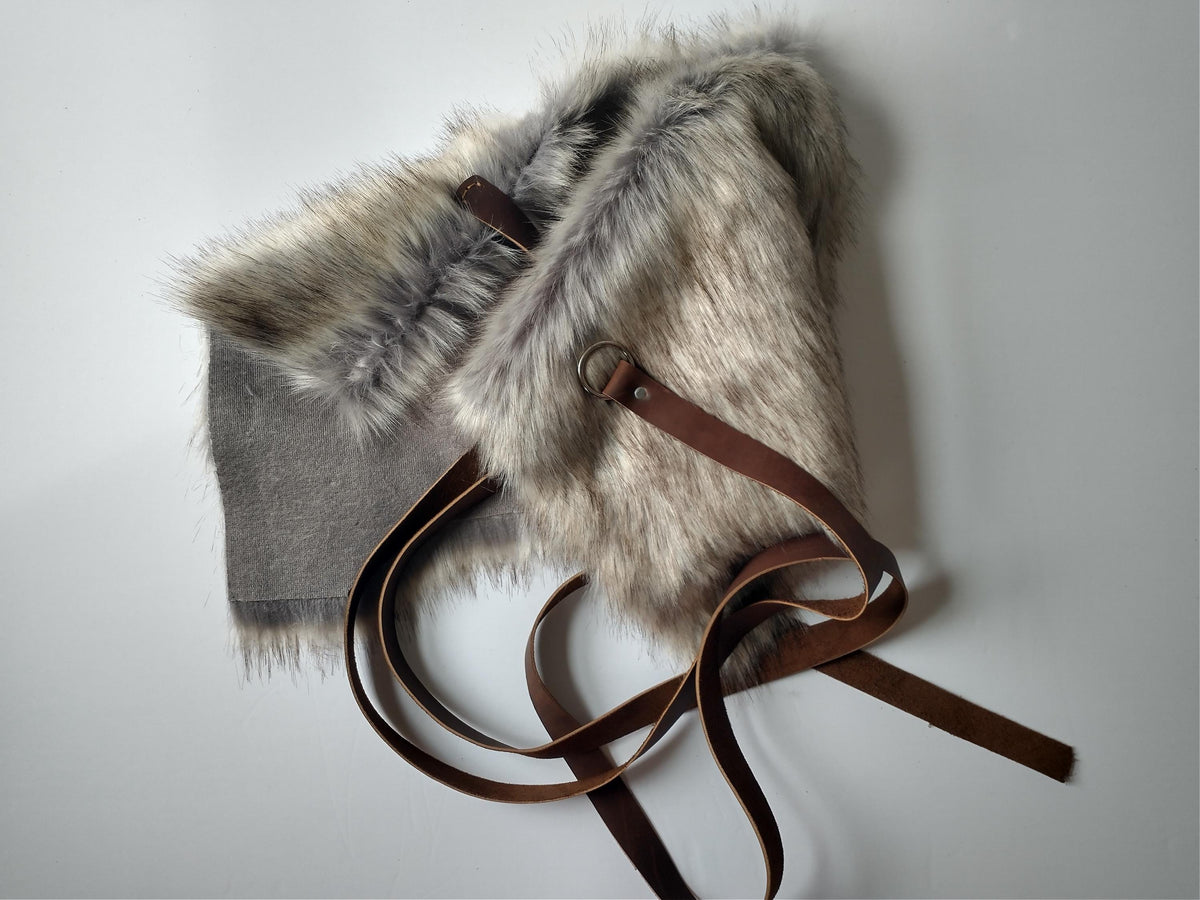 Viking Wolf Jacket - Stonewolf Grey Fur Shoulder Wrap with Leather Chest Straps, Imitation Fur Pelt