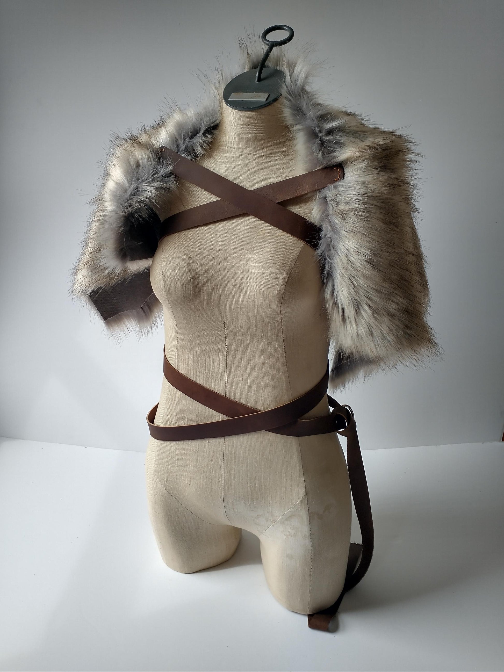 Viking Wolf Jacket - Stonewolf Grey Fur Shoulder Wrap with Leather Chest Straps, Imitation Fur Pelt