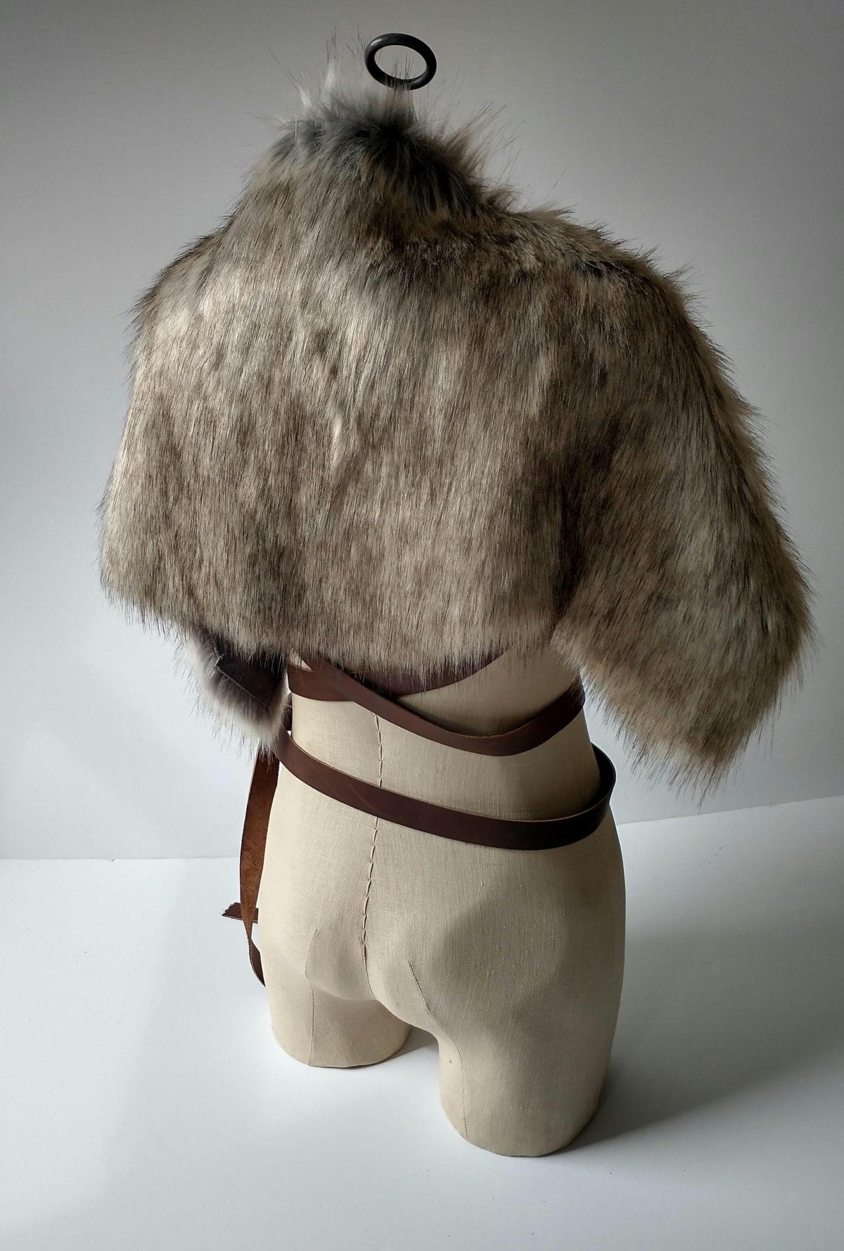 Viking Wolf Jacket - Stonewolf Grey Fur Shoulder Wrap with Leather Chest Straps, Imitation Fur Pelt
