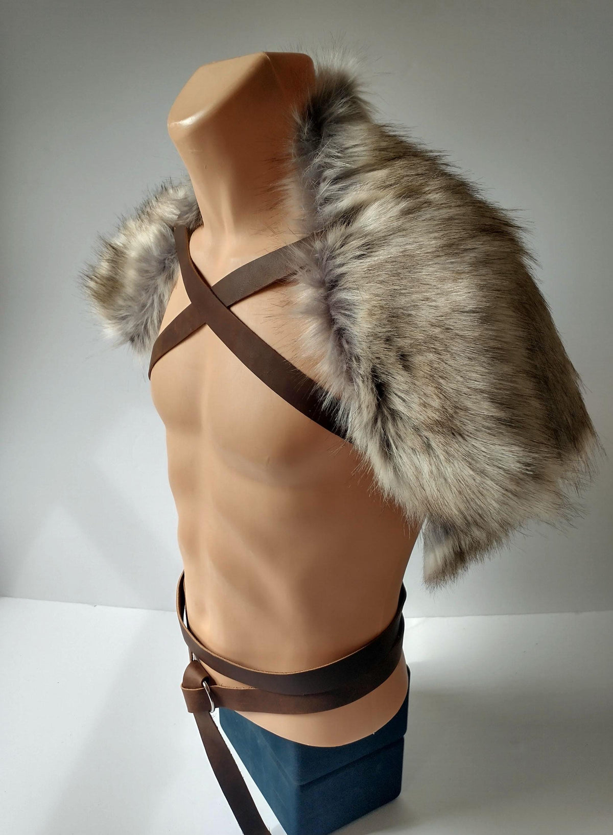 Viking Wolf Jacket - Stonewolf Grey Fur Shoulder Wrap with Leather Chest Straps, Imitation Fur Pelt