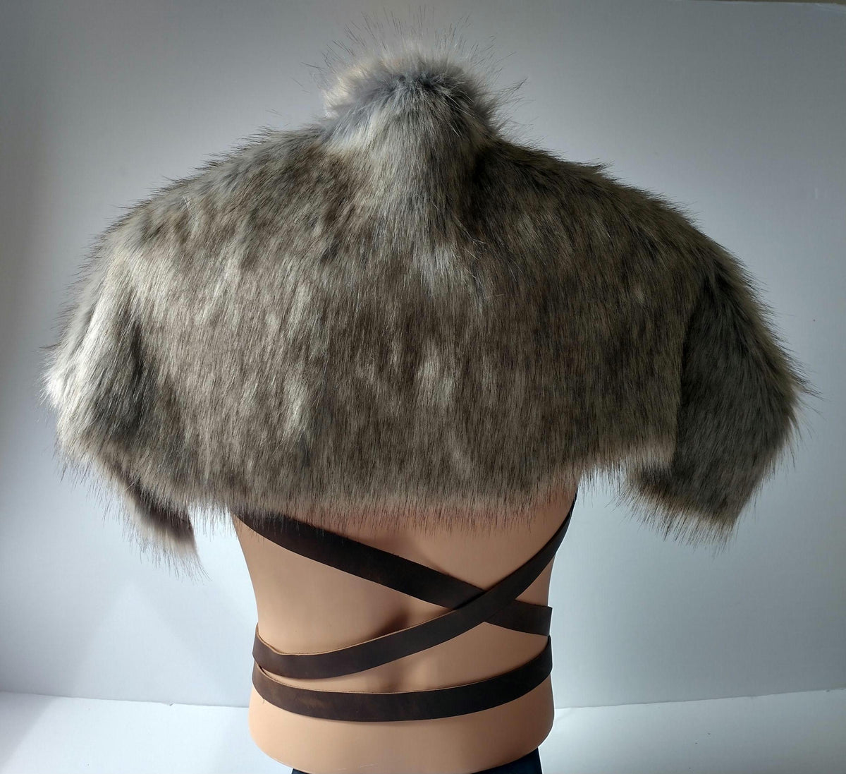 Viking Wolf Jacket - Stonewolf Grey Fur Shoulder Wrap with Leather Chest Straps, Imitation Fur Pelt