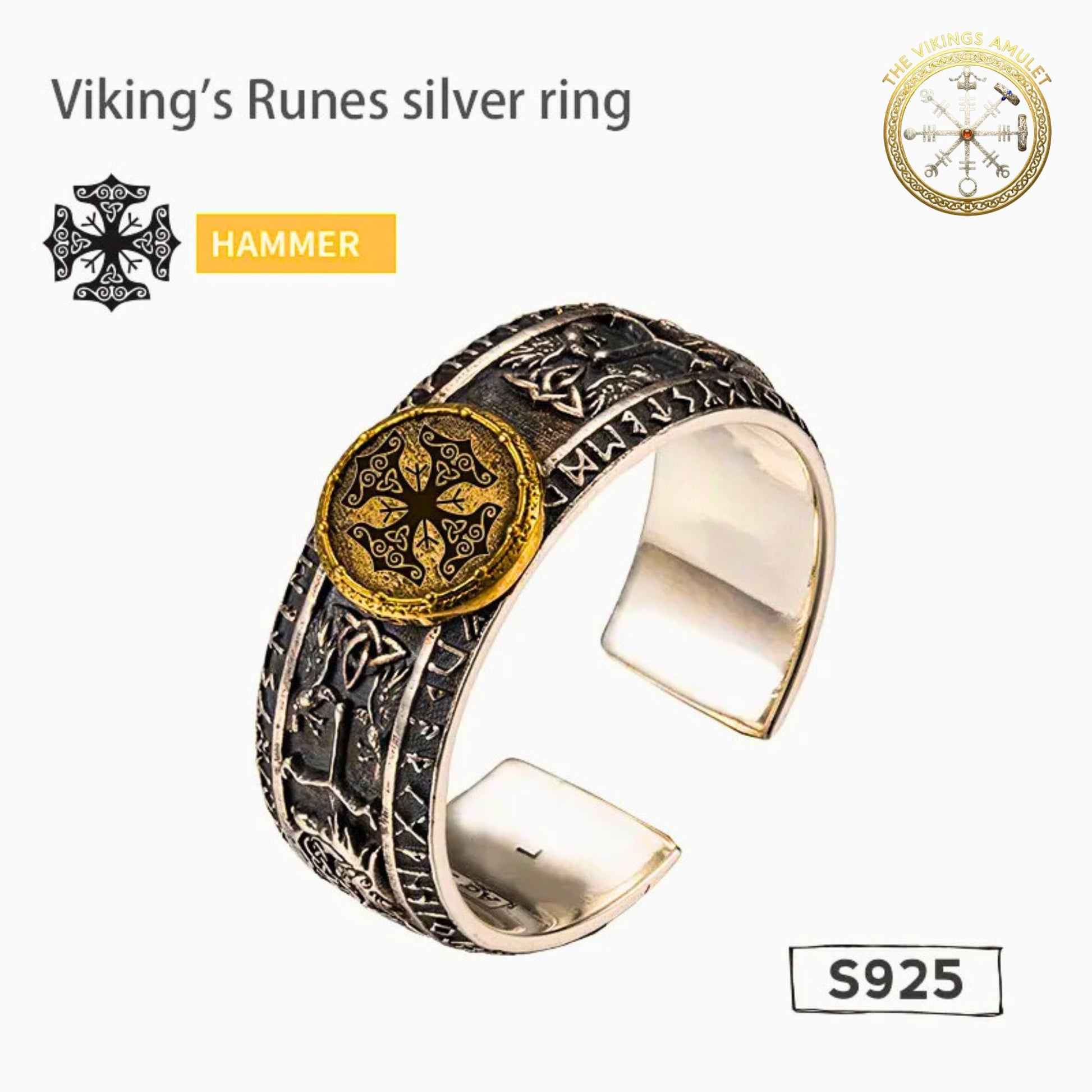 Viking Rune Ring - Viking's Rune Protection Ring, Sterling Silver Dragon of Sword Multi Symbolic