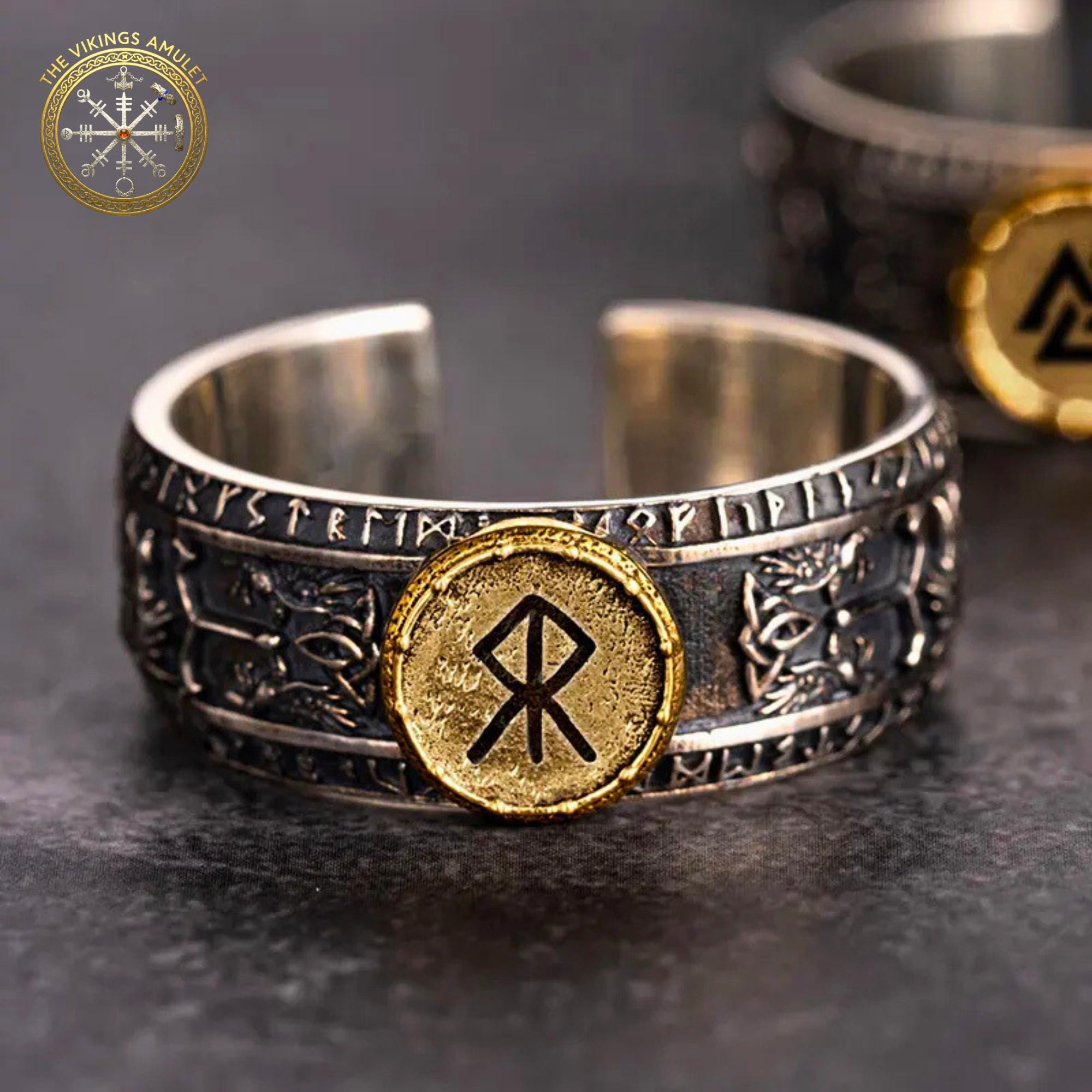 Viking Rune Ring - Viking's Rune Protection Ring, Sterling Silver Dragon of Sword Multi Symbolic