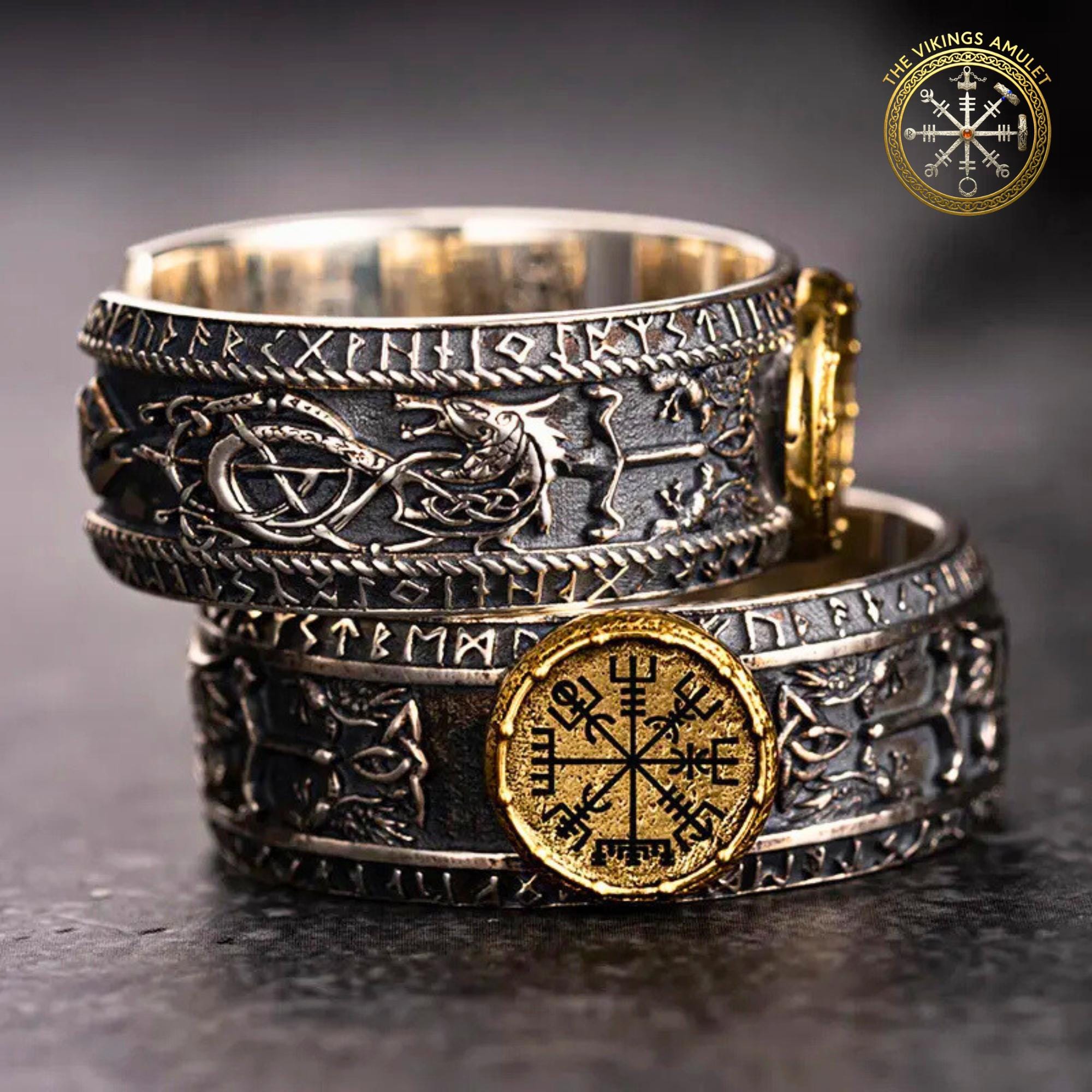Viking Rune Ring - Viking's Rune Protection Ring, Sterling Silver Dragon of Sword Multi Symbolic