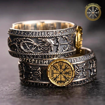 Viking Rune Ring - Viking's Rune Protection Ring, Sterling Silver Dragon of Sword Multi Symbolic