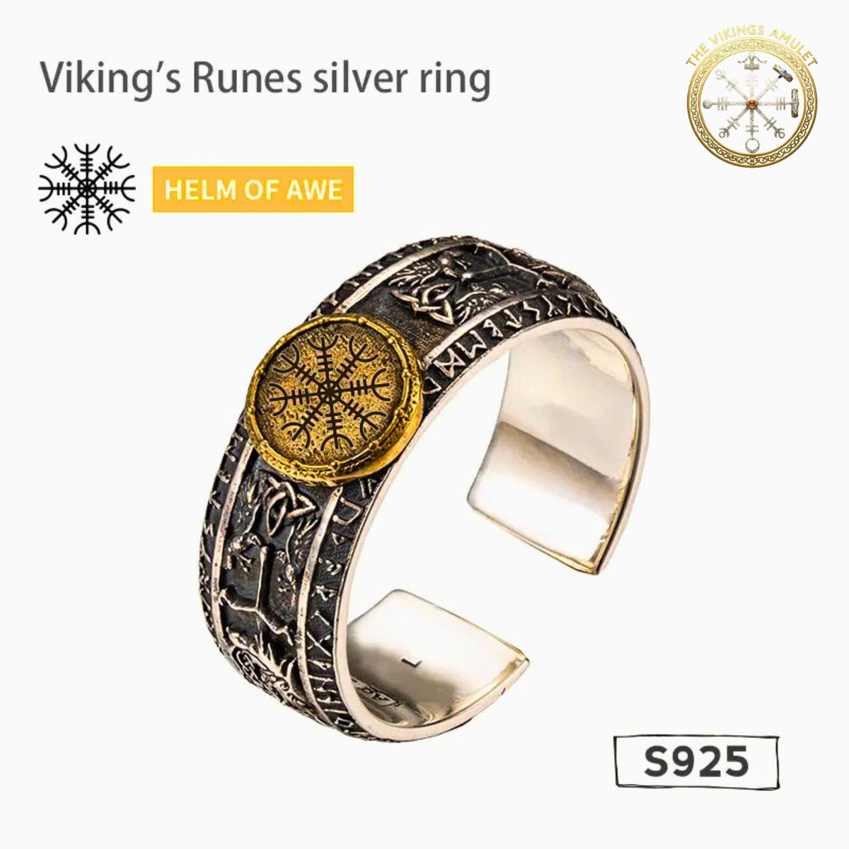 Viking Rune Ring - Viking's Rune Protection Ring, Sterling Silver Dragon of Sword Multi Symbolic