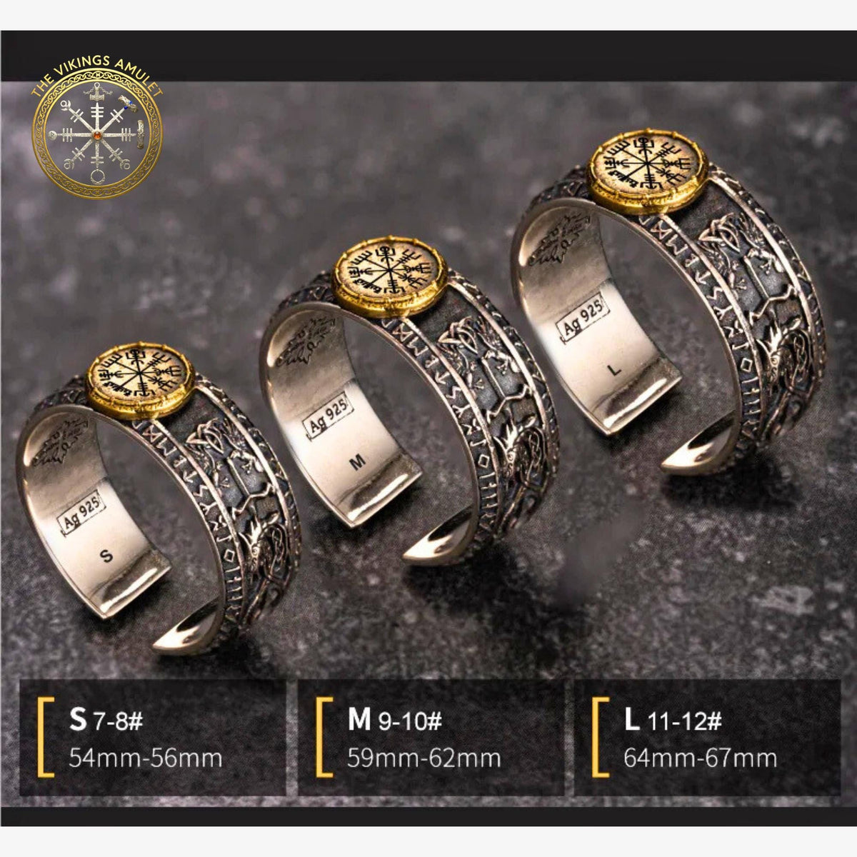 Viking Rune Ring - Viking's Rune Protection Ring, Sterling Silver Dragon of Sword Multi Symbolic