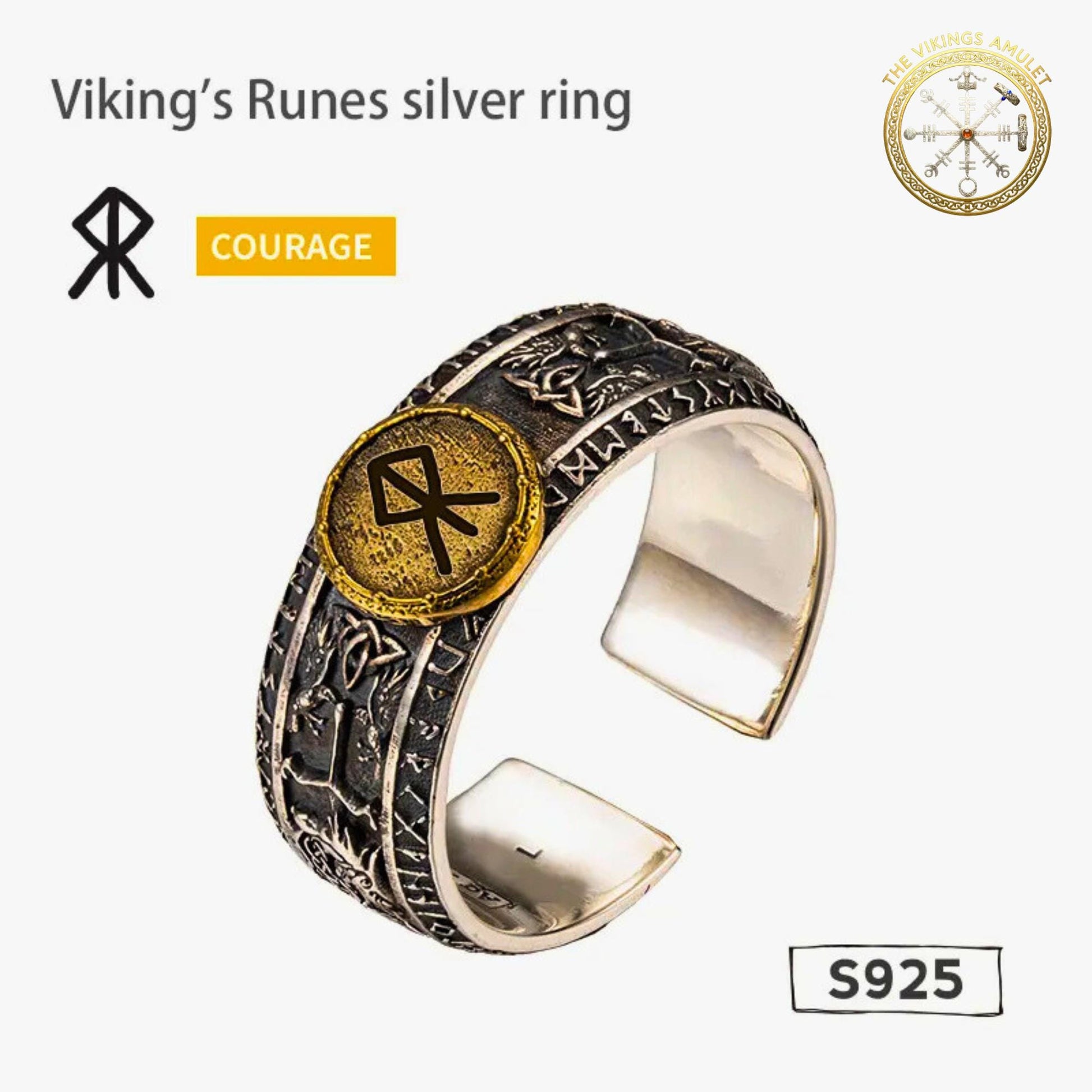 Viking Rune Ring - Viking's Rune Protection Ring, Sterling Silver Dragon of Sword Multi Symbolic