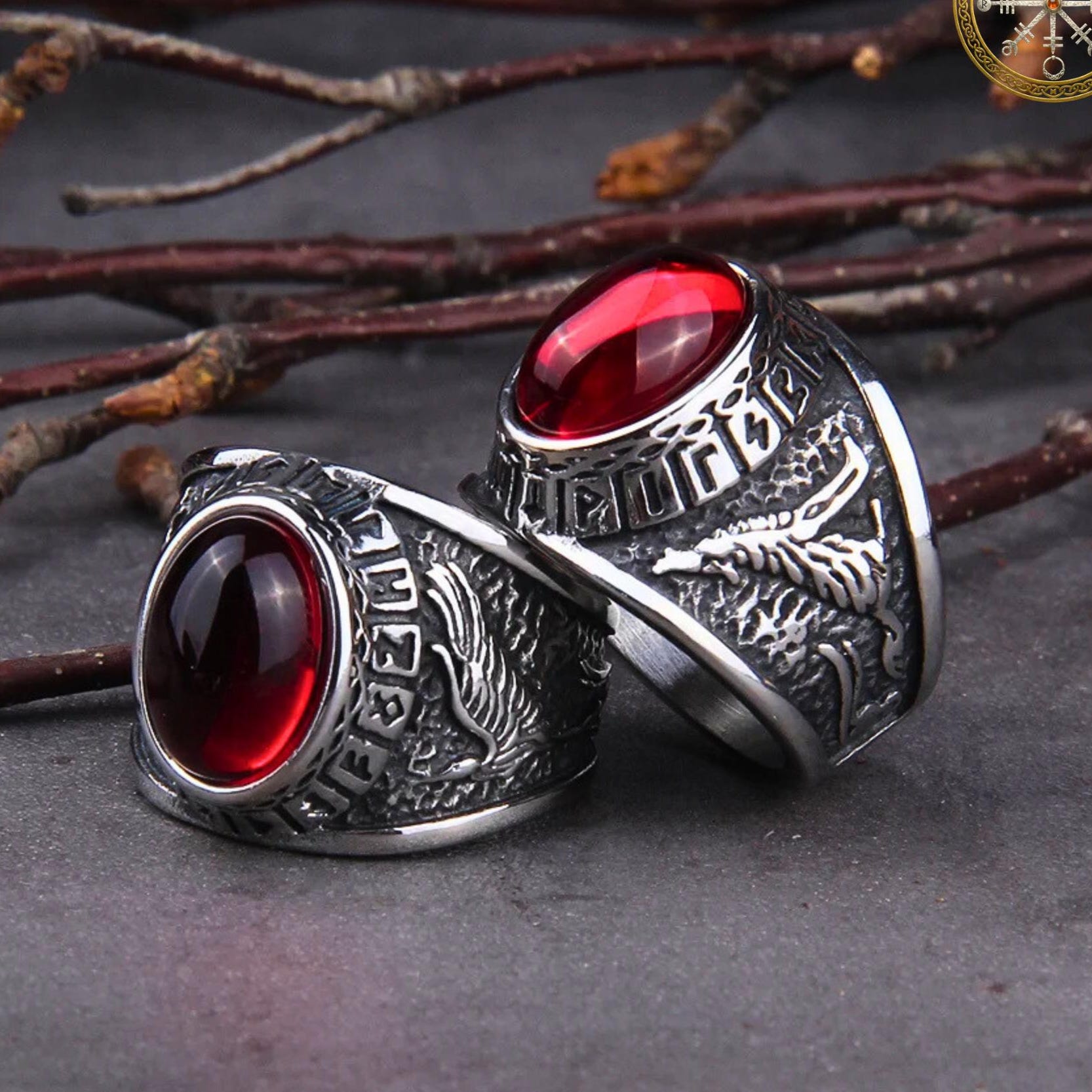 Viking Rune Ring - Viking's Rune Protection Ring, Sterling Silver Dragon of Sword Multi Symbolic