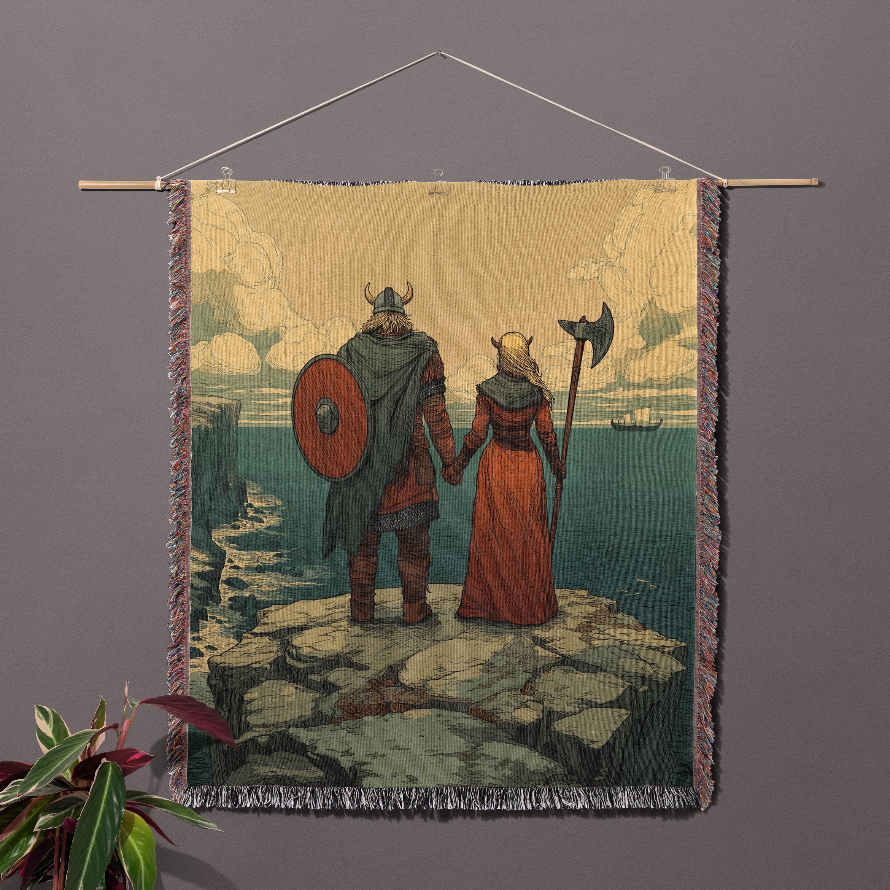 Viking Blanket - Viking Couple Woven Blanket, Norse Warrior Tapestry, Nordic Mythology Wall