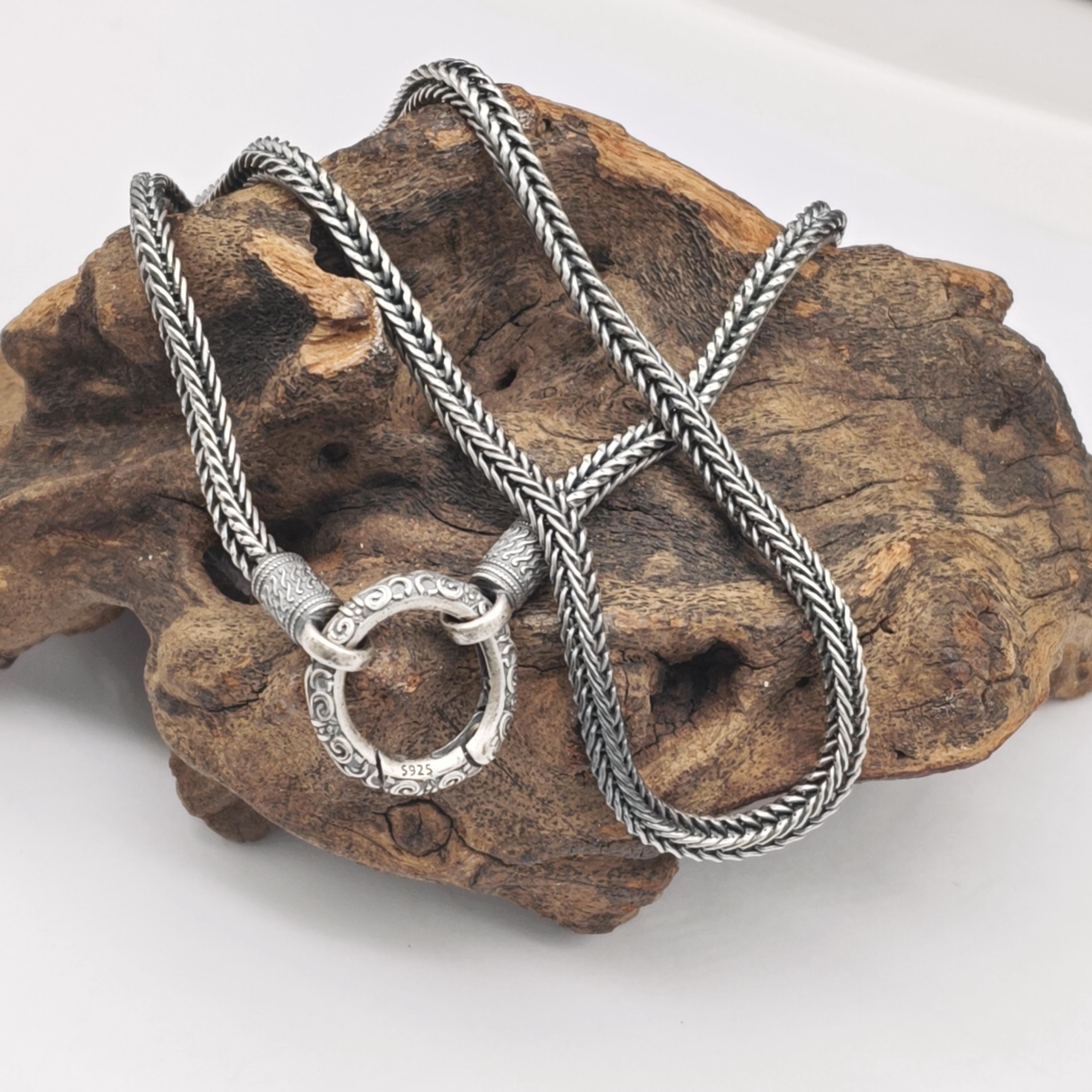 Viking Necklace - Mens Silver Chain Foxtail Chain Viking Necklace 925 Sterling Silver