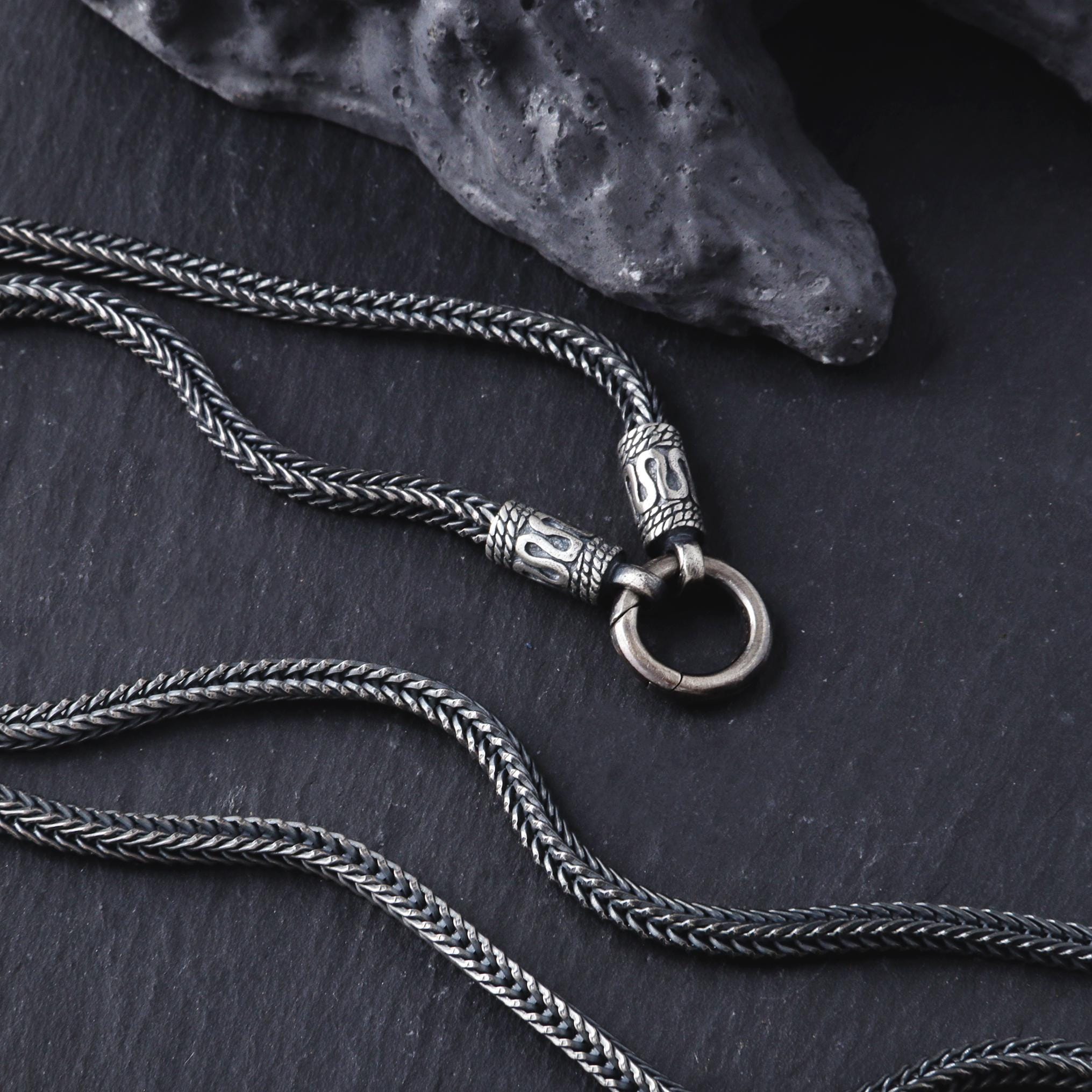 Viking Necklace - Mens Necklace Personalized 3mm Foxtail Chain Oxidized Sterling Silver Viking