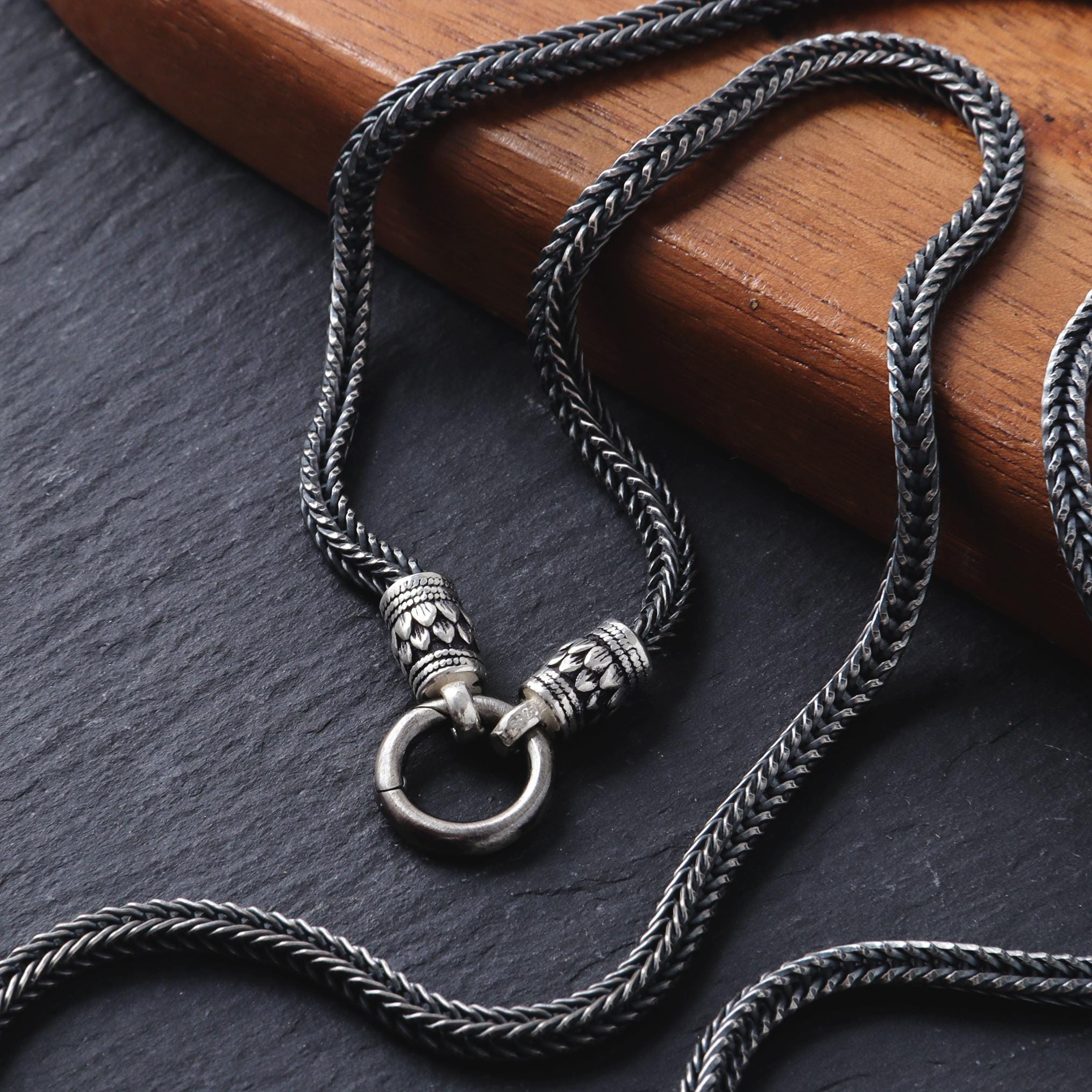 Viking Necklace - Mens Necklace Personalized 3mm Foxtail Chain Oxidized Sterling Silver Viking