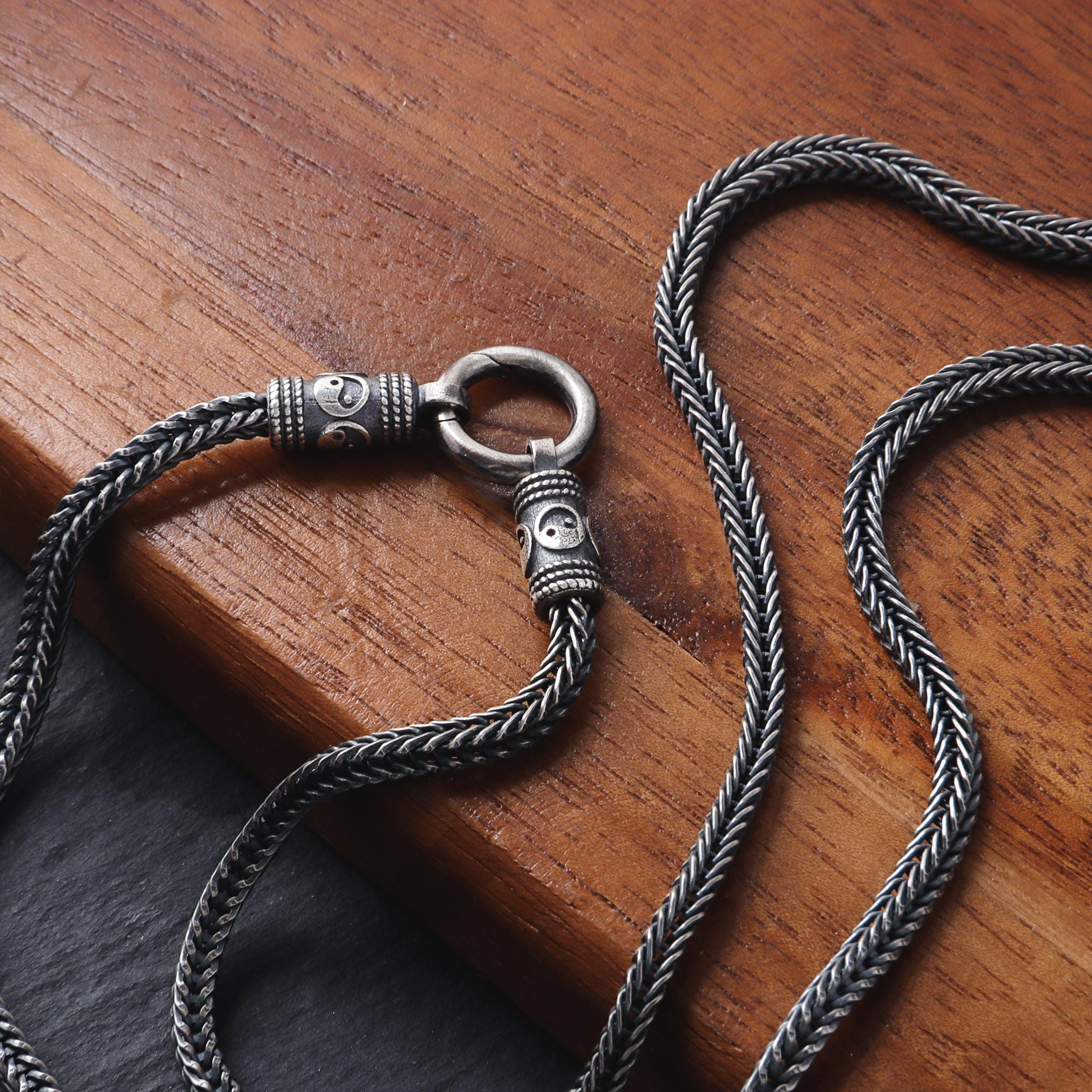 Viking Necklace - Mens Necklace Personalized 3mm Foxtail Chain Oxidized Sterling Silver Viking