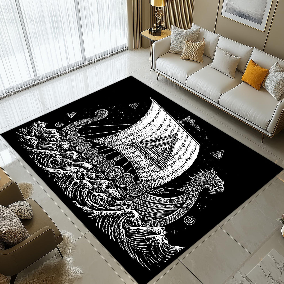 Viking Longship Rug - Viking Longship Runner Rug: Norse Dragon Boat Design, Ancient Warrior Symbol