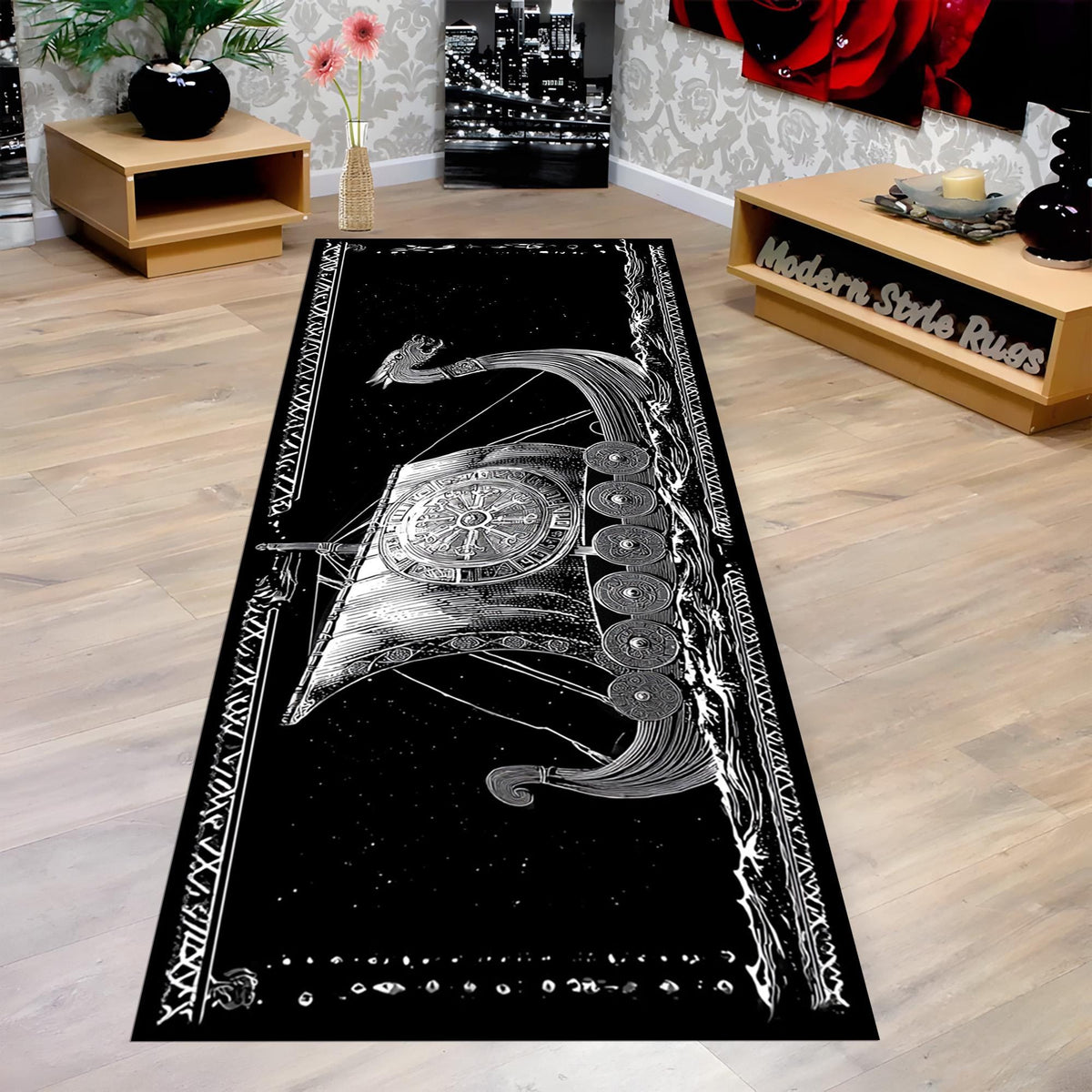 Viking Longship Rug - Viking Longship Runner Rug: Norse Dragon Boat Design, Ancient Warrior Symbol