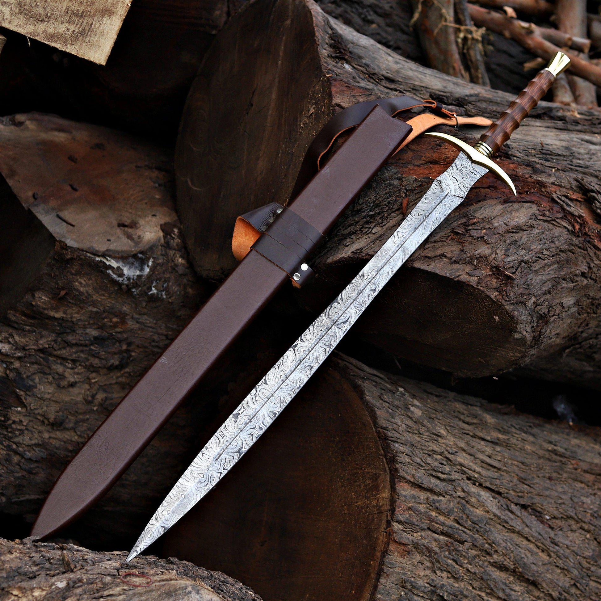 Viking Costume & LARP - 36” Damascus Northmen Sword with Scabbard, Handmade Collectible Medieval