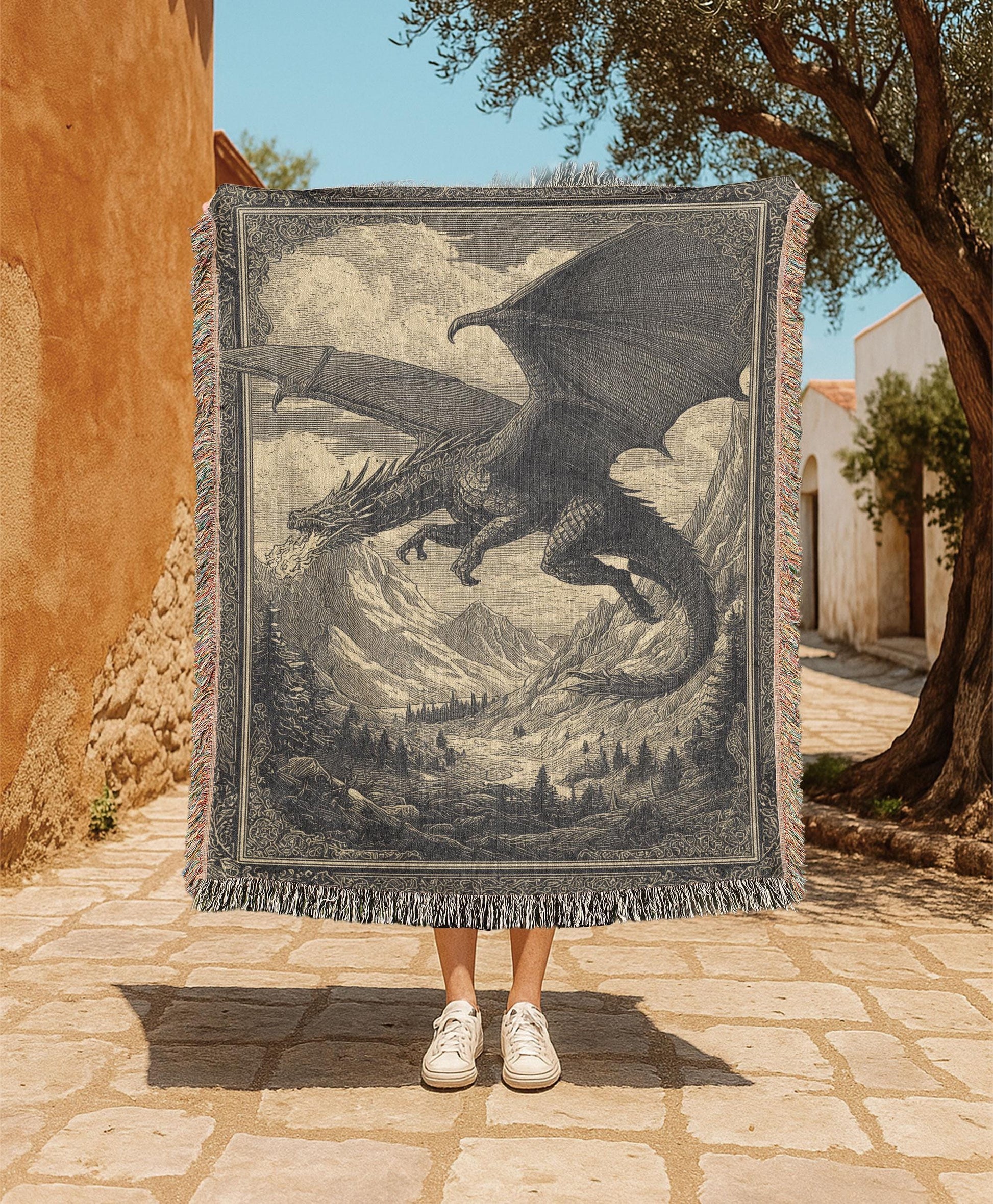 Viking Blanket - Viking Nordic Dragon Woven Cotton Throw Blanket, Fringed Tapestry Decor