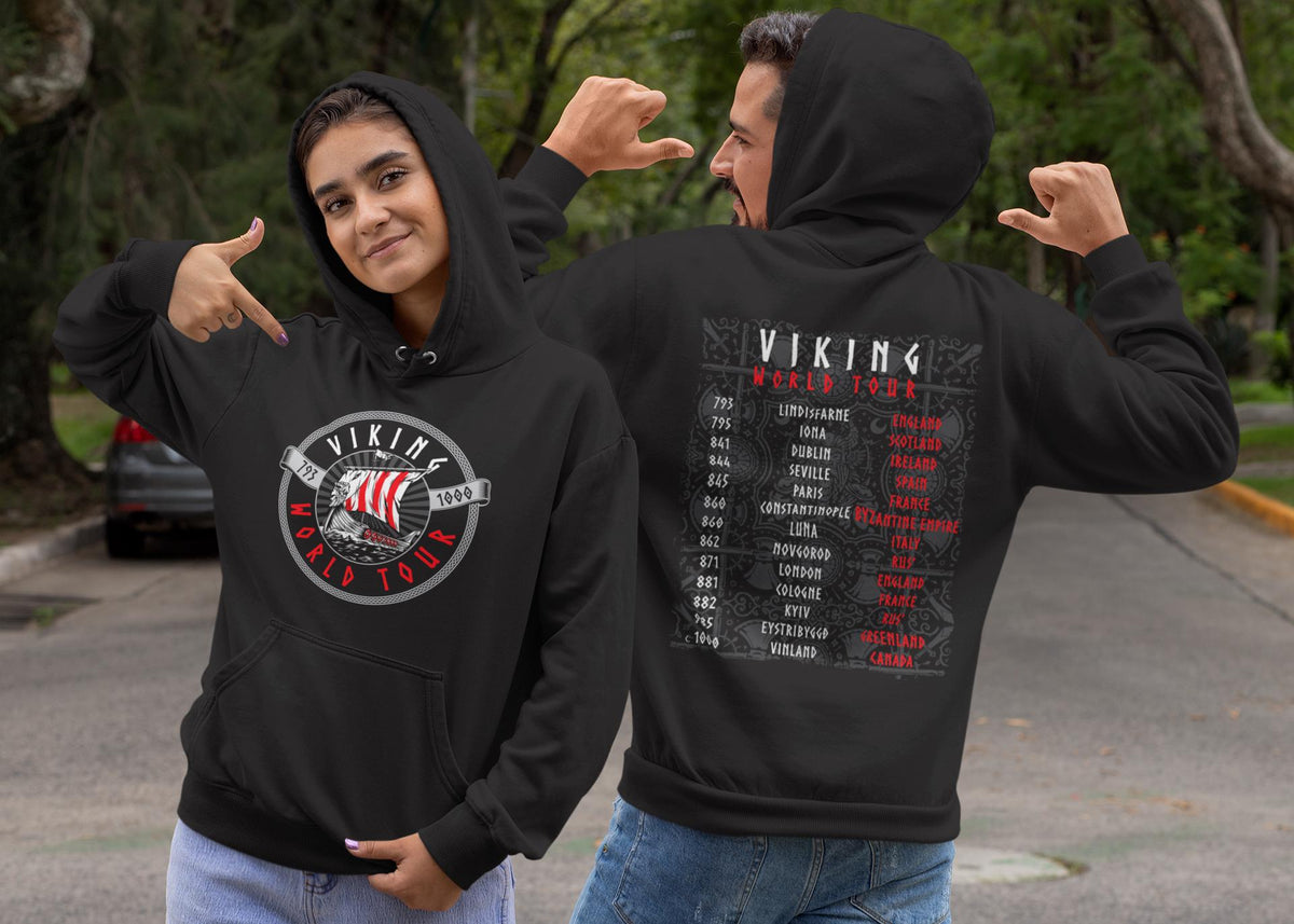 Viking Longship Hoodie - Viking World Tour Hoodie, Double-Sided Norse Longship Tour Dates, Norse