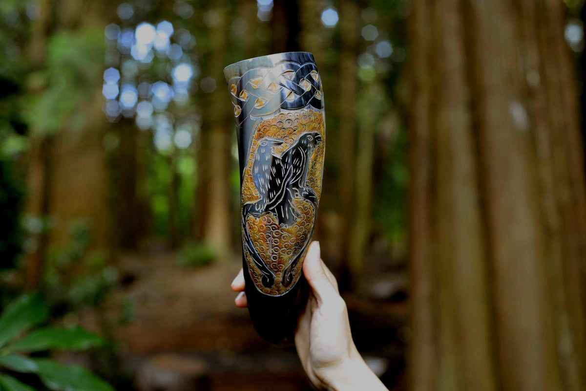 Viking Raven Mug - Raven’s Oath – Hand-Carved Viking Drinking Horn