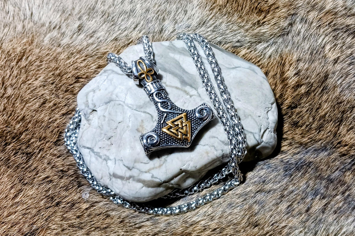 Viking Thor's Hammer Necklace - Gold Mjolnir Necklace with Wolf Heads, Viking Thor Hammer Pendant