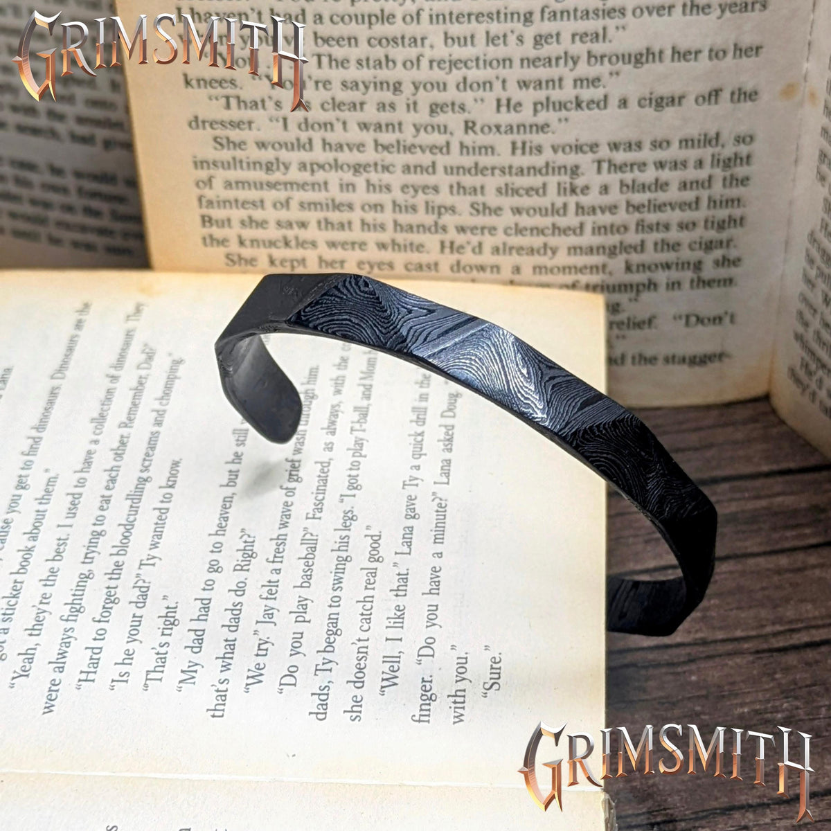 Viking Raven Bracelet - The Black Raven – Viking Damascus Steel Cuff Bracelet, 6mm Hammered