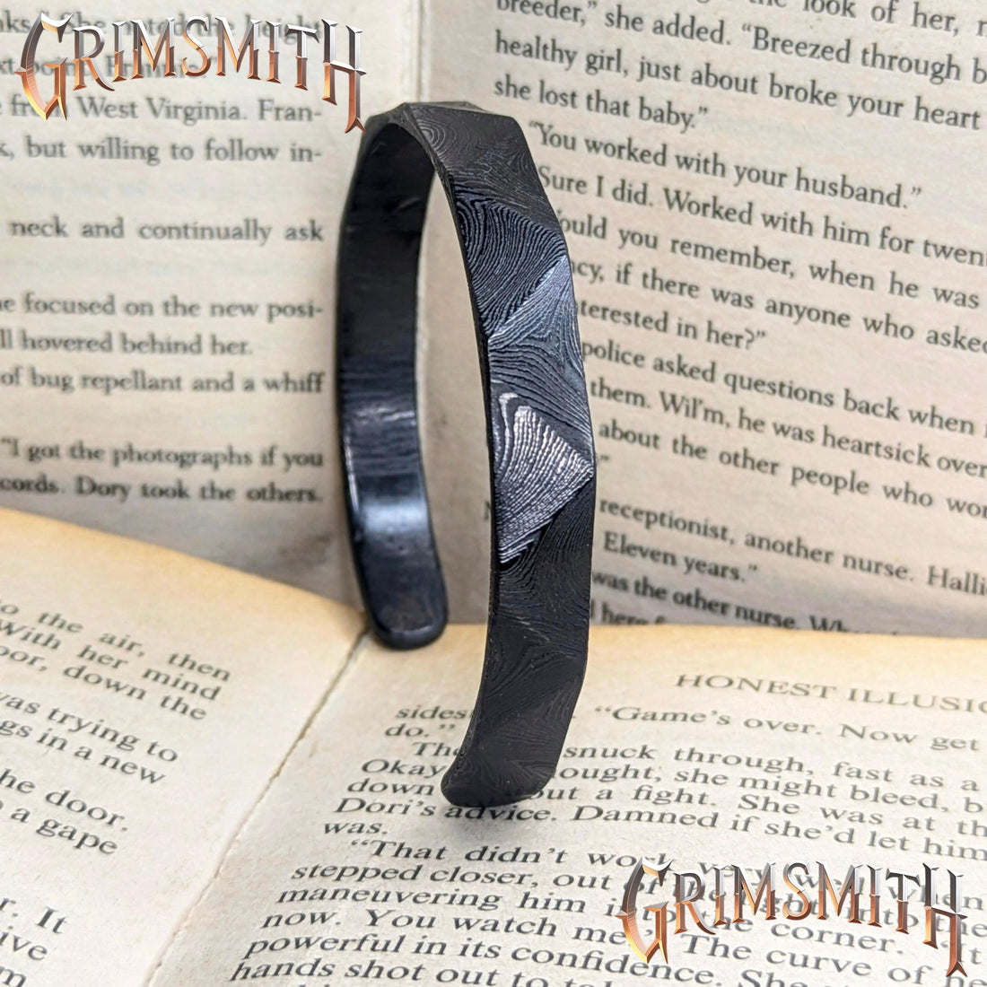 Viking Raven Bracelet - The Black Raven – Viking Damascus Steel Cuff Bracelet, 6mm Hammered