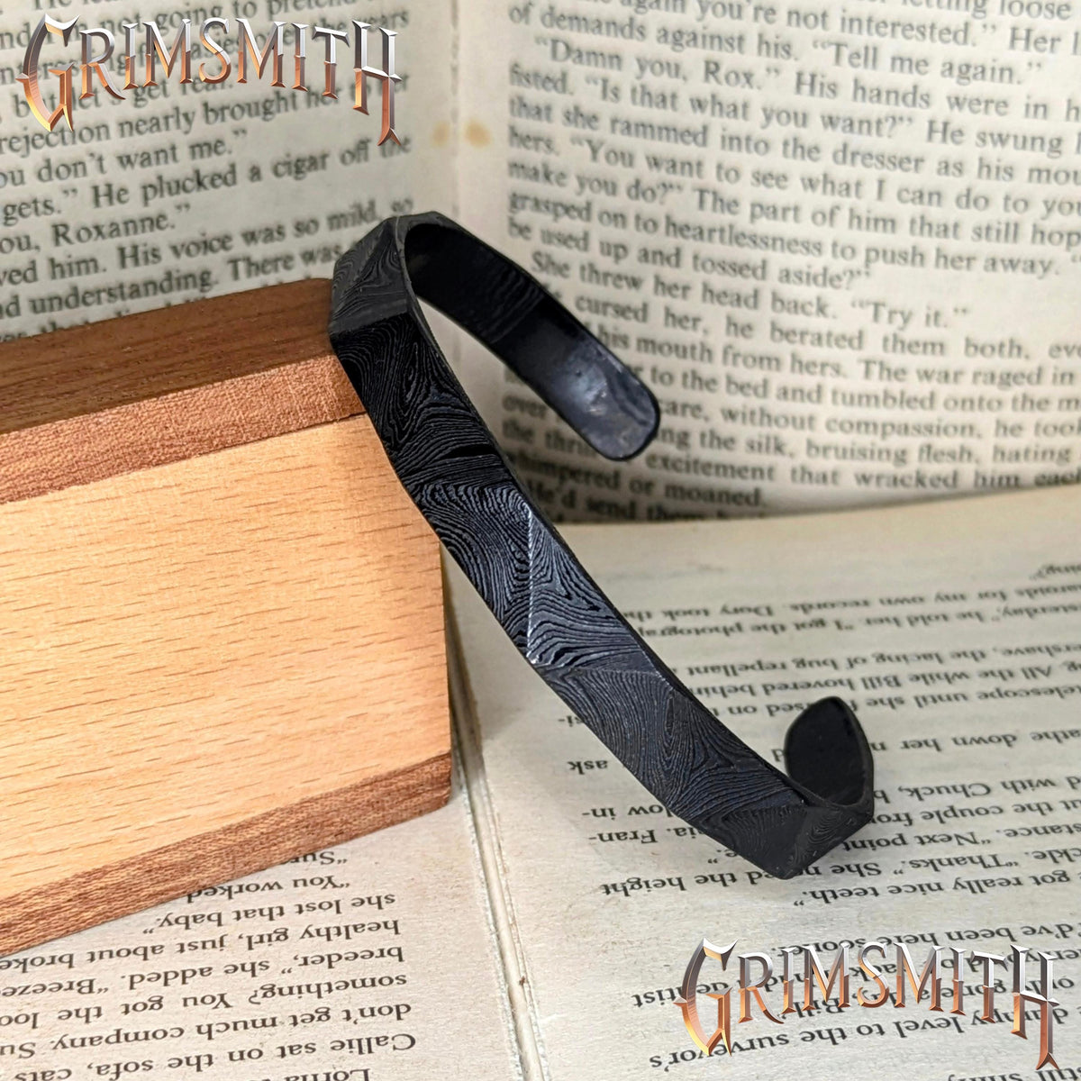 Viking Raven Bracelet - The Black Raven – Viking Damascus Steel Cuff Bracelet, 6mm Hammered