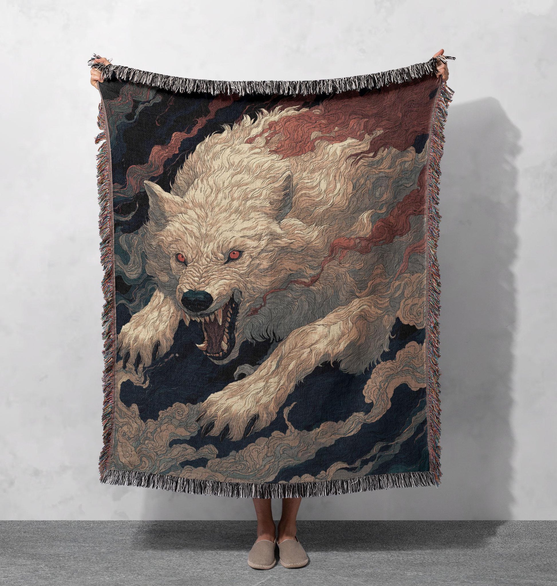 Viking Wolf Blanket - Norse Raven 100% Cotton Woven Blanket, Mythic Tree Wolf Longship Throw