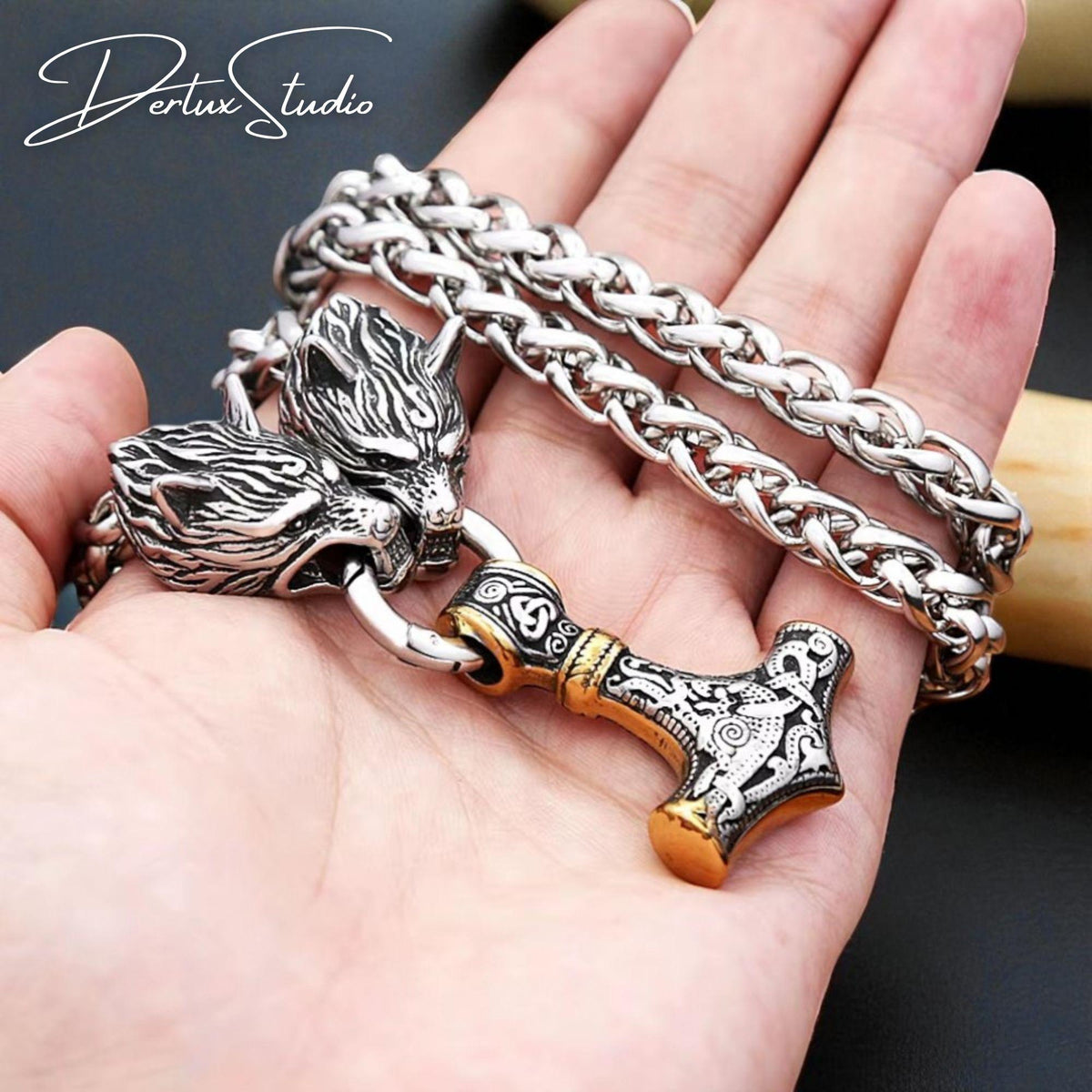 Viking Thor's Hammer Necklace - Wolf Head Thor's Hammer Necklace: Stainless Steel Viking Mjolnir
